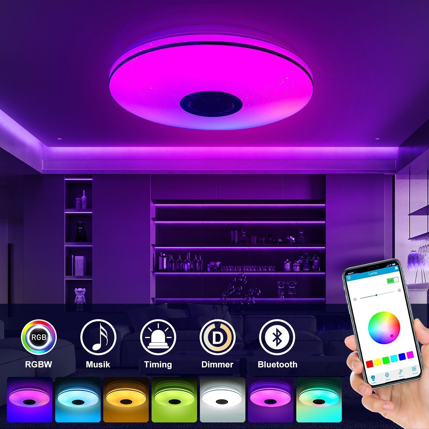iscooter Deckenlampe Bluetooth RGB 36W Dimmbar Lautsprecher Deckenleuchte LED