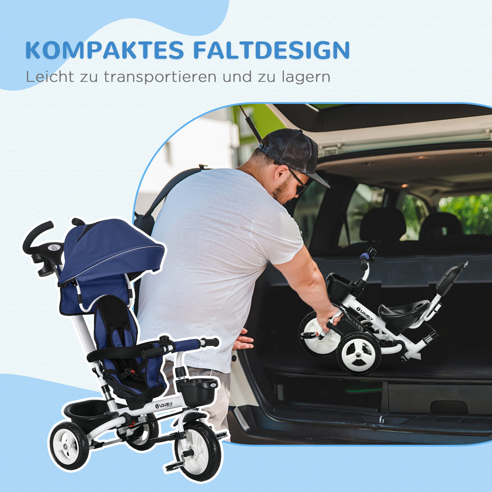 HOMCOM Dreirad 6 in 1 Kinderdreirad, vorwärts/rückwärts, Korb+Getränkehalter, für 1-5 Jahre Kinder, Blau – Bild 5 von 5