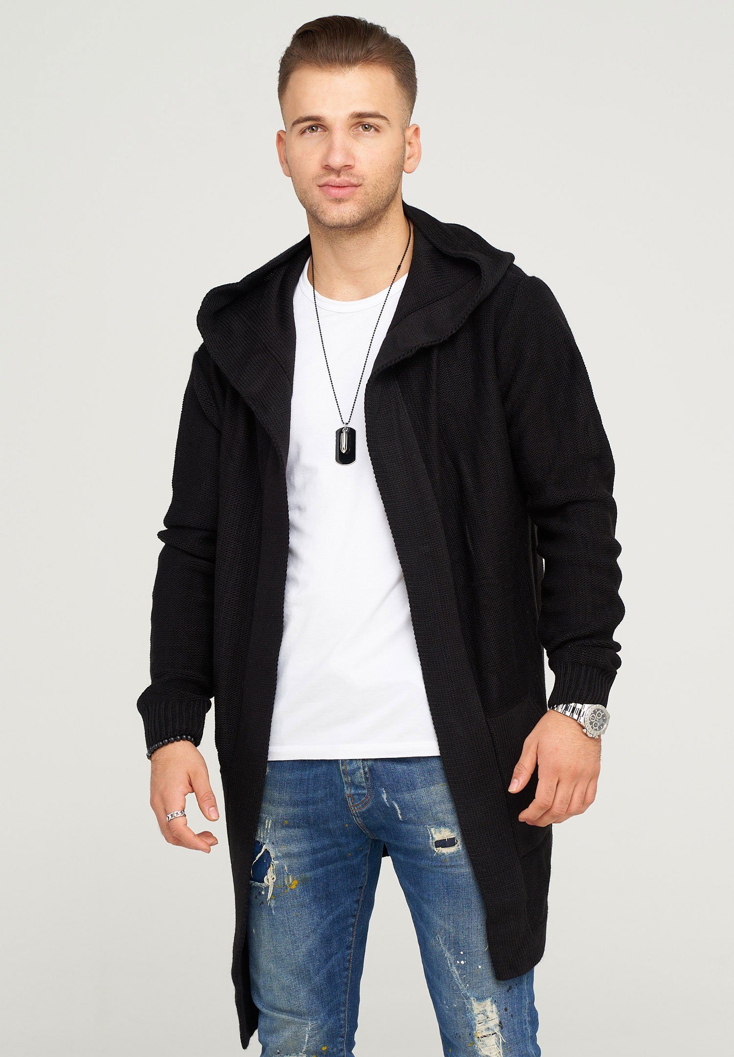 behype Strickjacke JAROMIR mit kuscheliger Kapuze schwarz