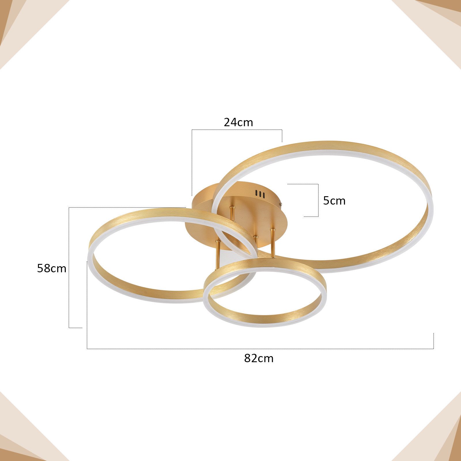 ZMH LED Deckenleuchte Wohnzimmer Modern Gold 2/3/4 Ring Design Deckenlampe Dimmbar, Augenschutz, Einfache Installtion, LED fest integriert, 3000-6500K, 82CM aus Acryl 74W Schlafzimmerlampe mit Fernbedienung Küche