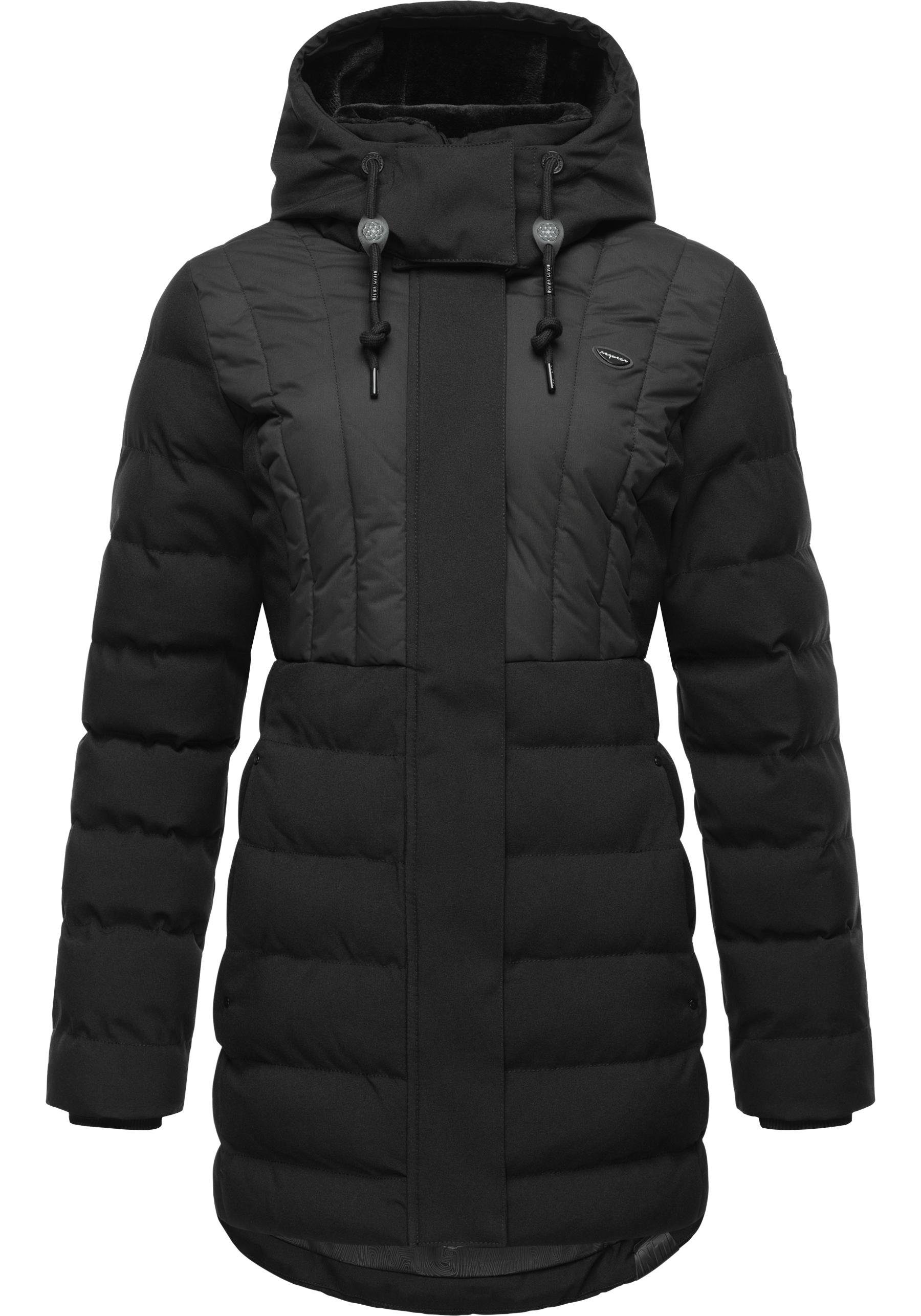 mit Winterparka Ragwear schwarz Block gesteppter gefütterter Winterjacke stylischer, Kapuze Ashanta