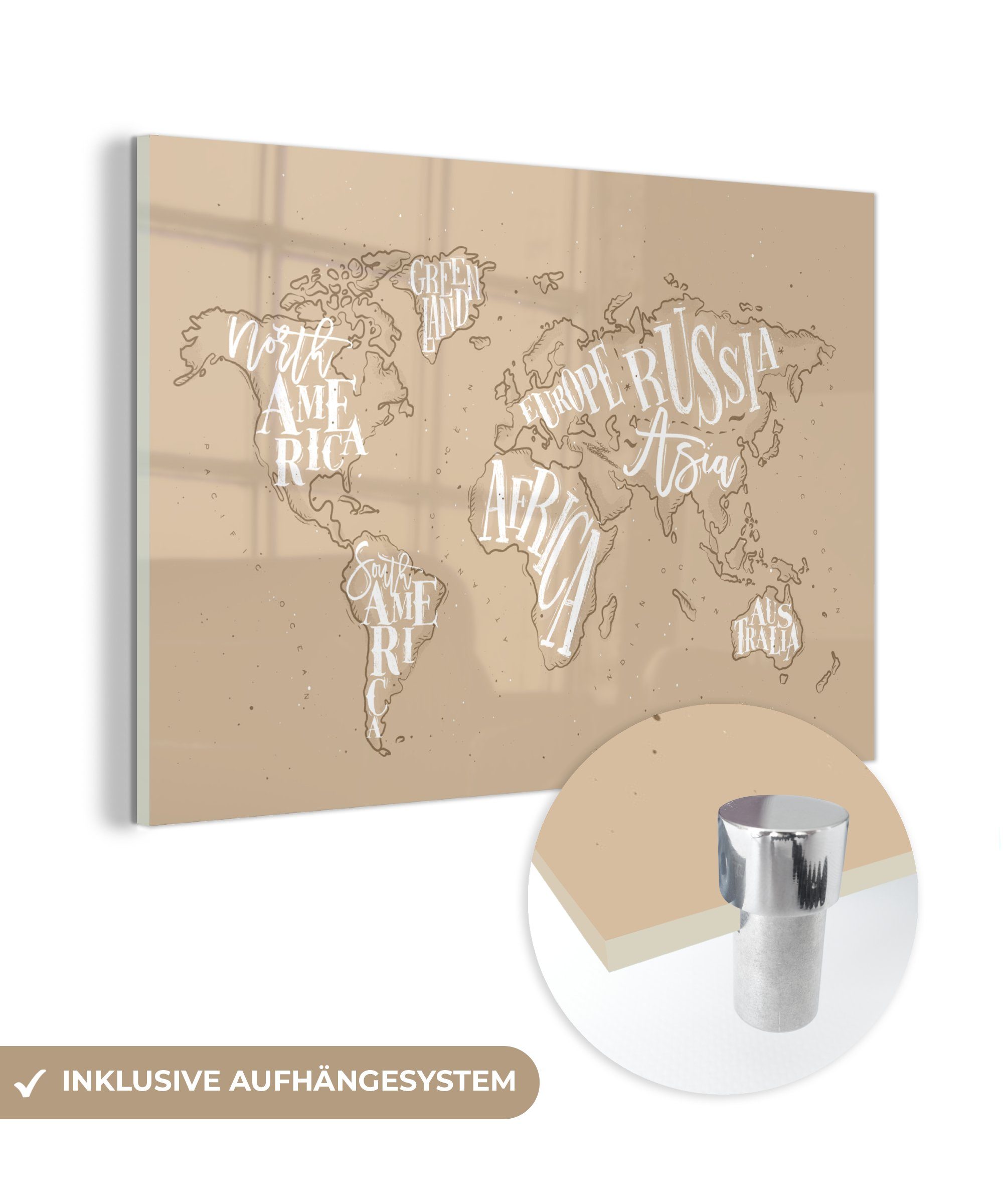 MuchoWow Acrylglasbild Weltkarte - Glasbilder auf Wandbild Bilder Weiß, - Glas Wanddekoration Foto St), Buchstaben (1 - Glas auf - 