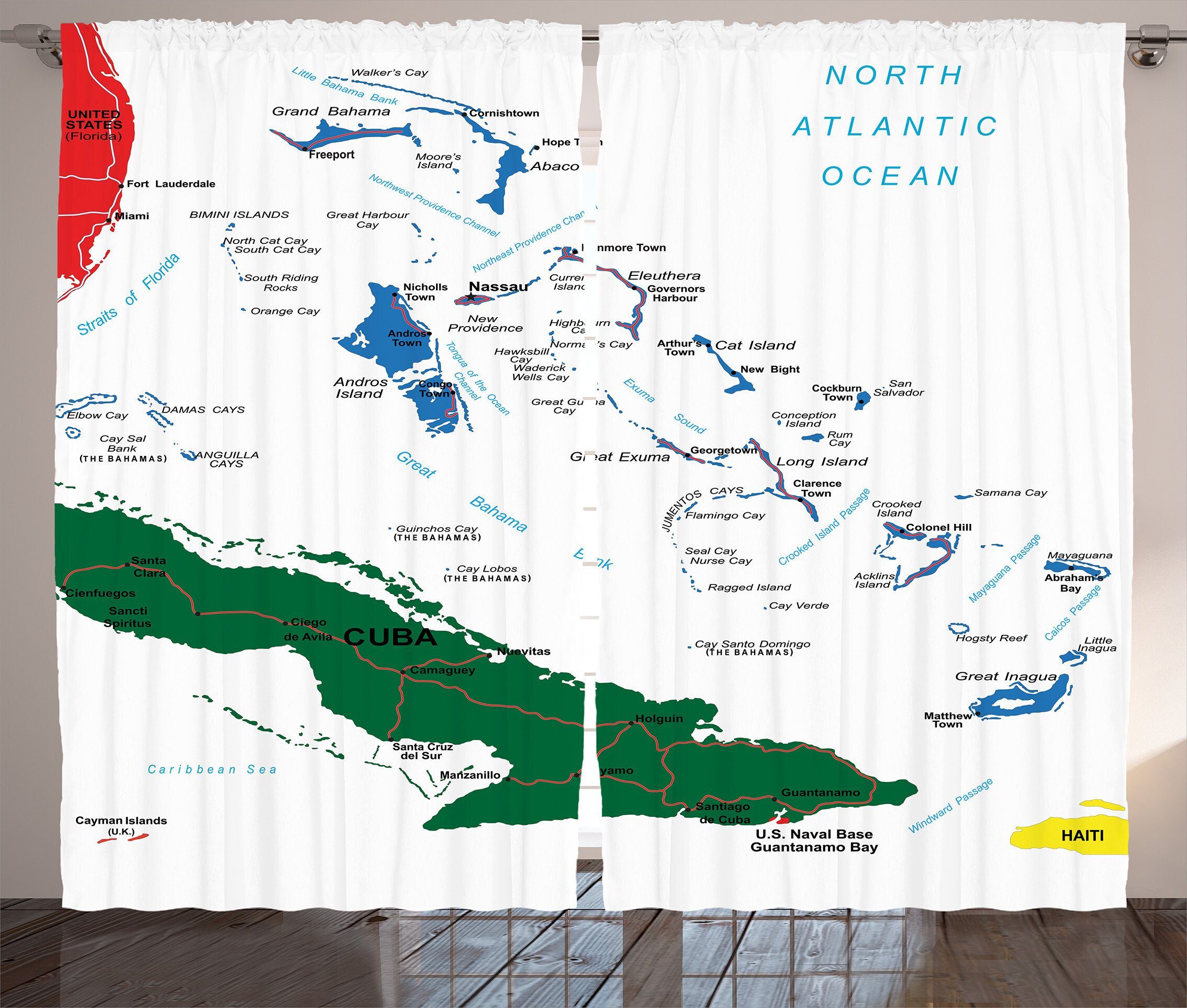 Bahamas und Beach Gardine Kräuselband Karte Haken, Insel mit Ocean Schlafzimmer Abakuhaus, Schlaufen Vorhang