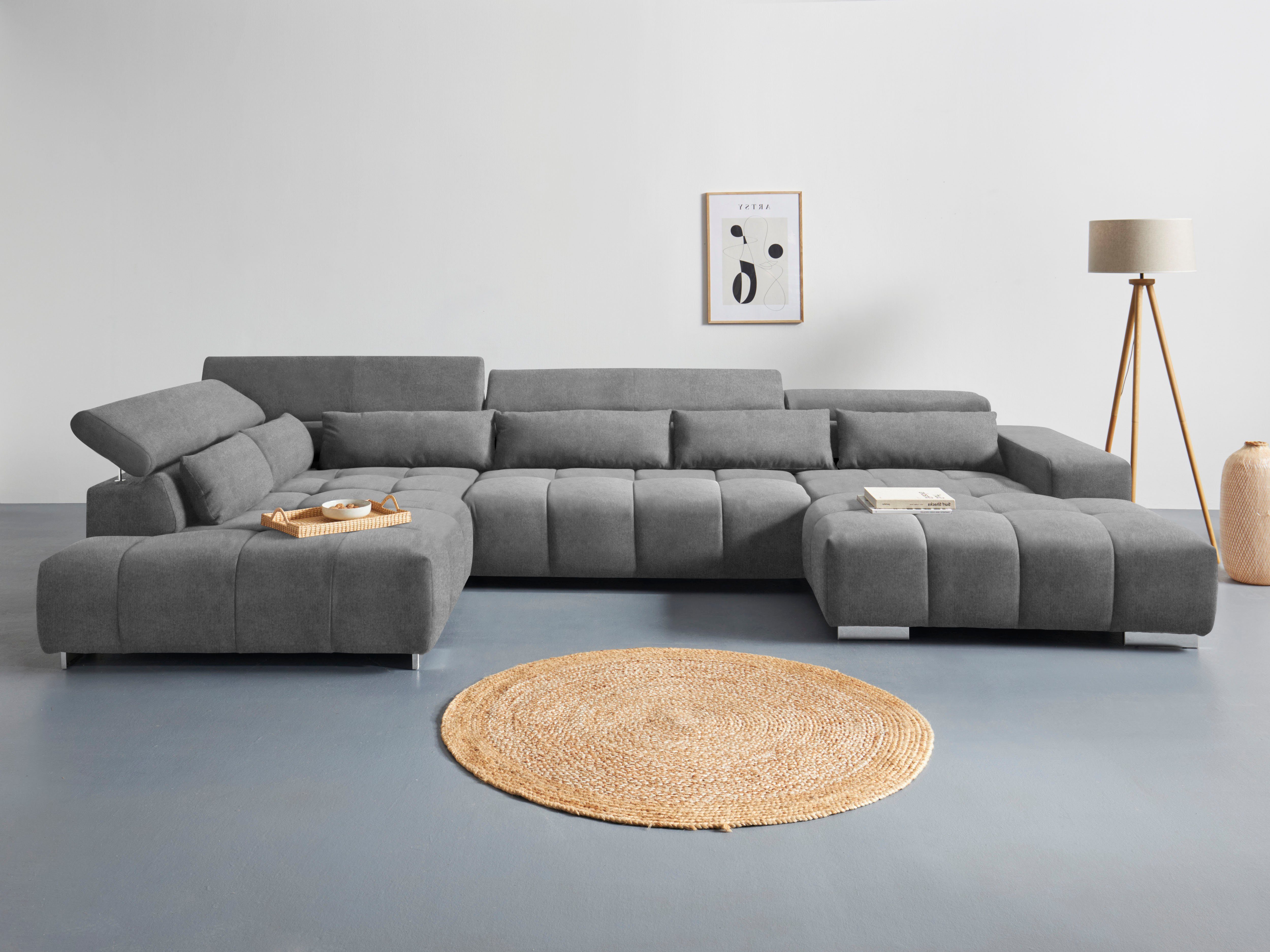 COTTA Wohnlandschaft Orion U-Form XXL, B: 409 cm, bequeme Wellenunterfederung, top modern, mit Kopfteilverstellung & 6 Nierenkissen