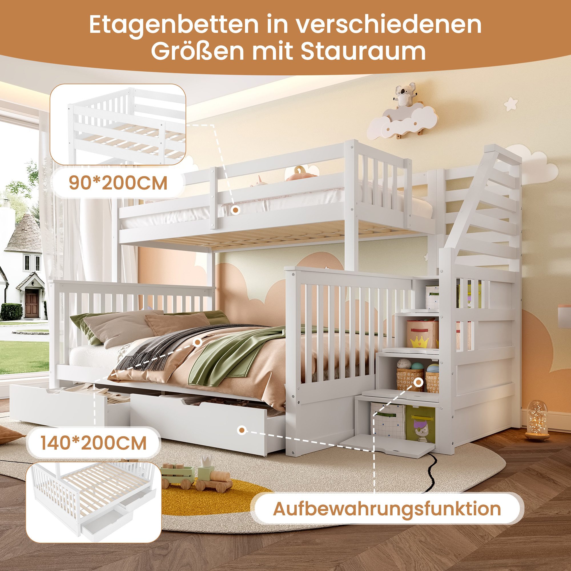 MODFU Etagenbett mit Stauraum und Schubladen (Kinderbett mit Sicherheitsgitter, Holzbett 90x200&140x200 cm), ohne Matratze