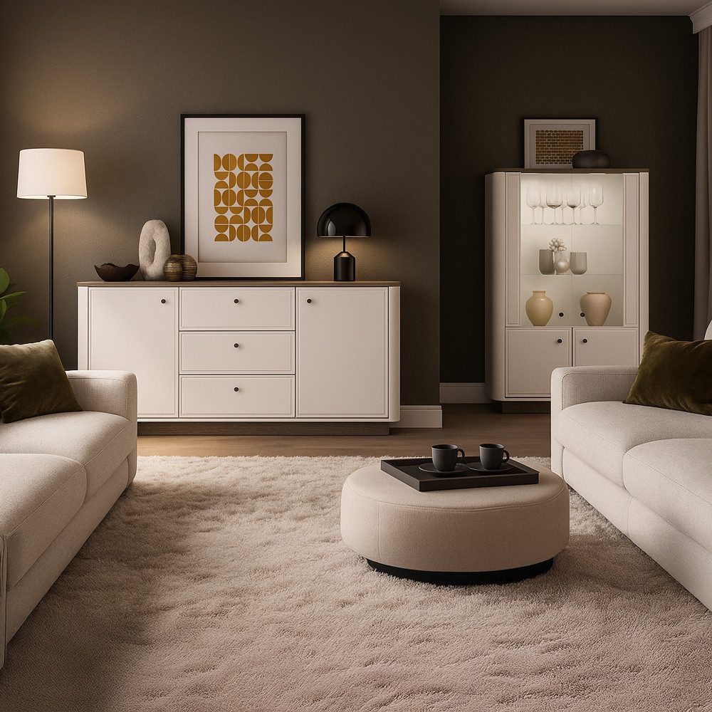 Lomadox Wohnzimmer-Set VEJANO-131, (Mega-Spar-Set, 2-St., Highboard Sideboard), Beige mit Eiche modern abgerundet Softclose LED Beleuchtung