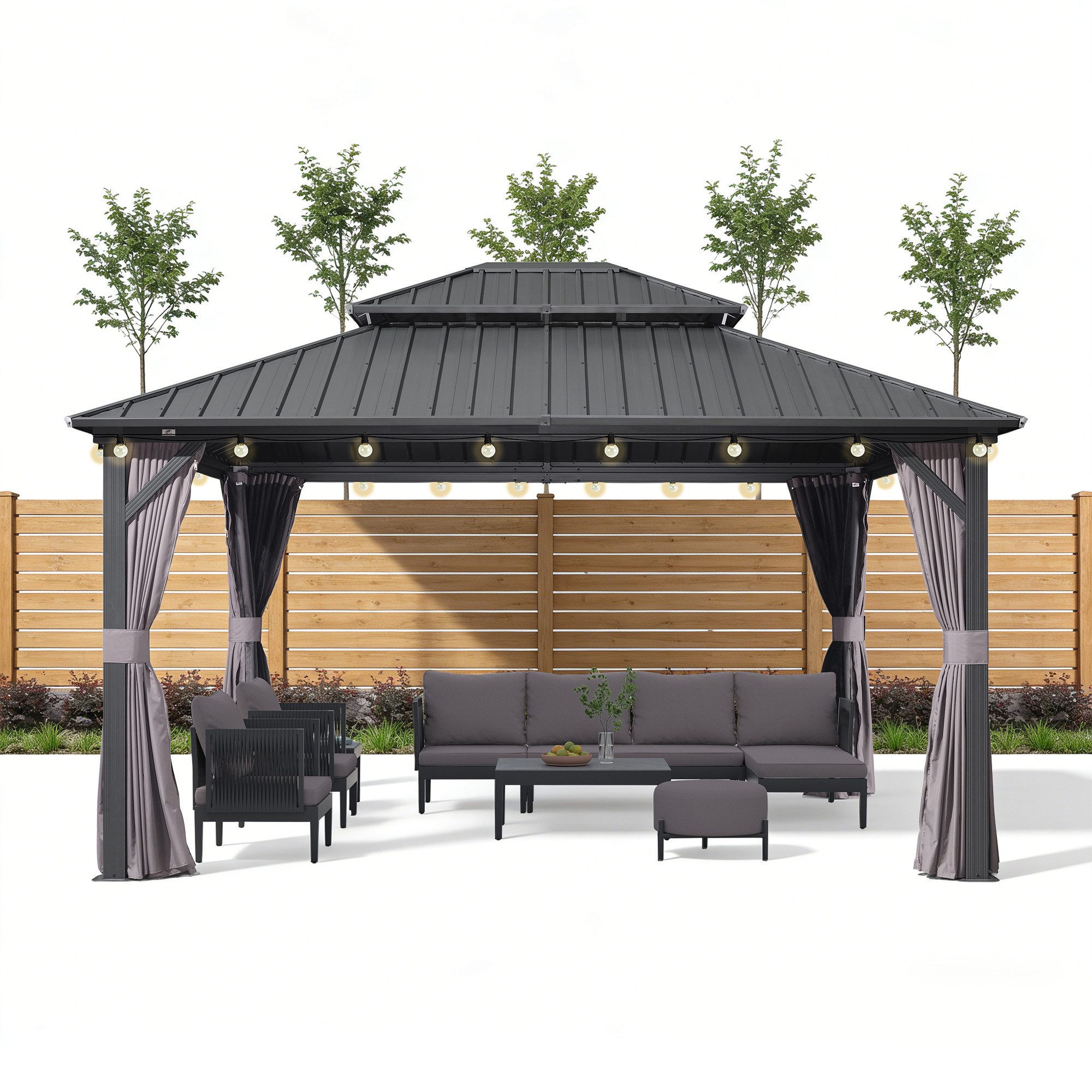 PURPLE LEAF Pavillon Günstiges Gartenpavillon mit LED-Lichterkette, Verzinkter Stahl, Aluminium, mit Seitenwänden, Wasserdicht, Winterfest