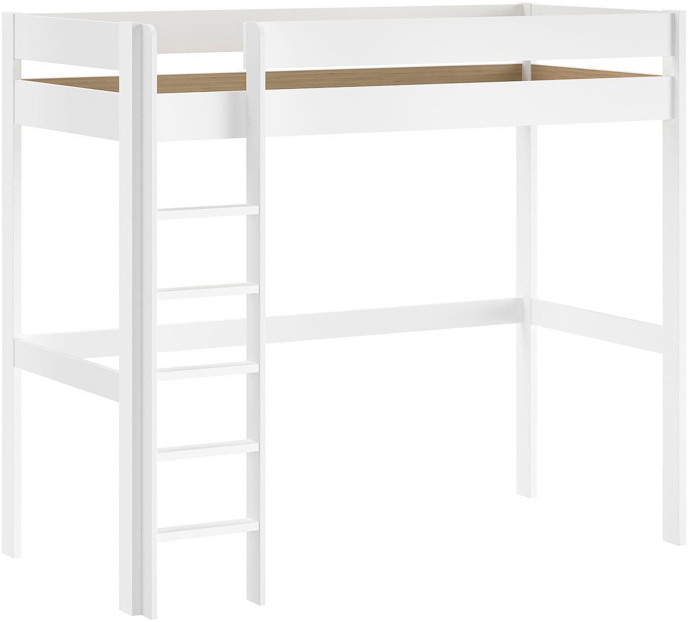 Vipack Hochbett Primo mit Liegefläche 90 x 200 cm, inkl. Massivholz Rolllattenrost (Raumnutzung unter dem Bett möglich, oben umlaufender Absturzschutz) Kiefer massiv, weiß lackiert, wahlweise ohne oder mit Schreibtisch