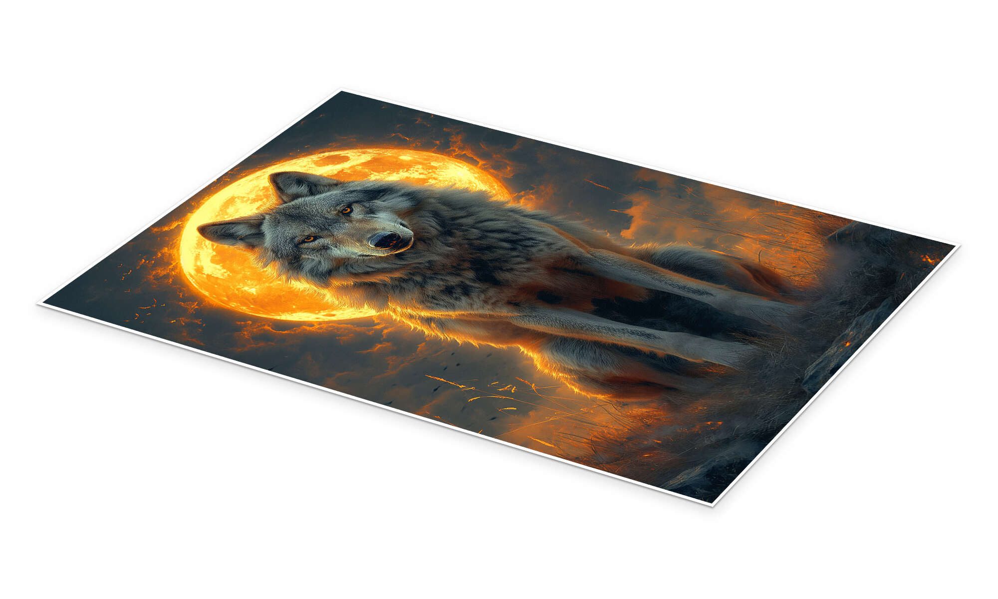 Posterlounge Wandbild Majestätischer Wolf unter einem feurigen Mond, Michael artefacti, erhältlich als Poster, Leinwandbild, Wandsticker oder Acrylglasbild – Bild 2 von 5