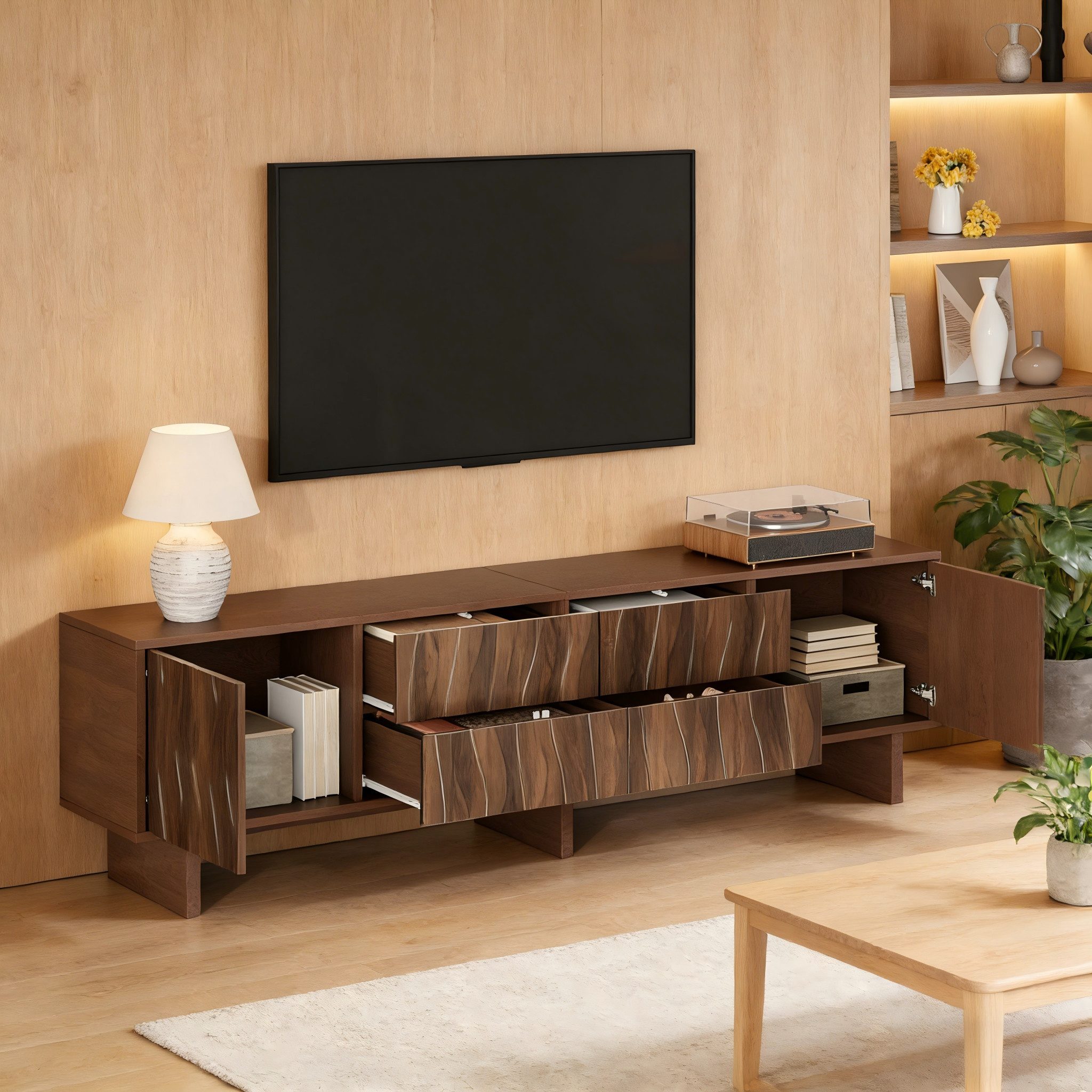 MODFU TV-Schrank in Walnuss mit wellenförmigem Frontdesign (Packung, 1-St., Geeignet als Lowboard für Fernseher bis zu 75 Zoll) 180x56x40 cm, mit 4 Schubladen und 2 Schranktüren