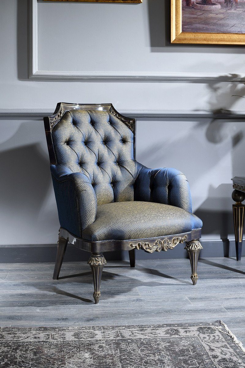Casa Padrino Chesterfield-Sessel Luxus Barock Chesterfield Wohnzimmer Sessel Blau / Gold / Schwarz 74 x 88 x H. 103 cm - Barockmöbel