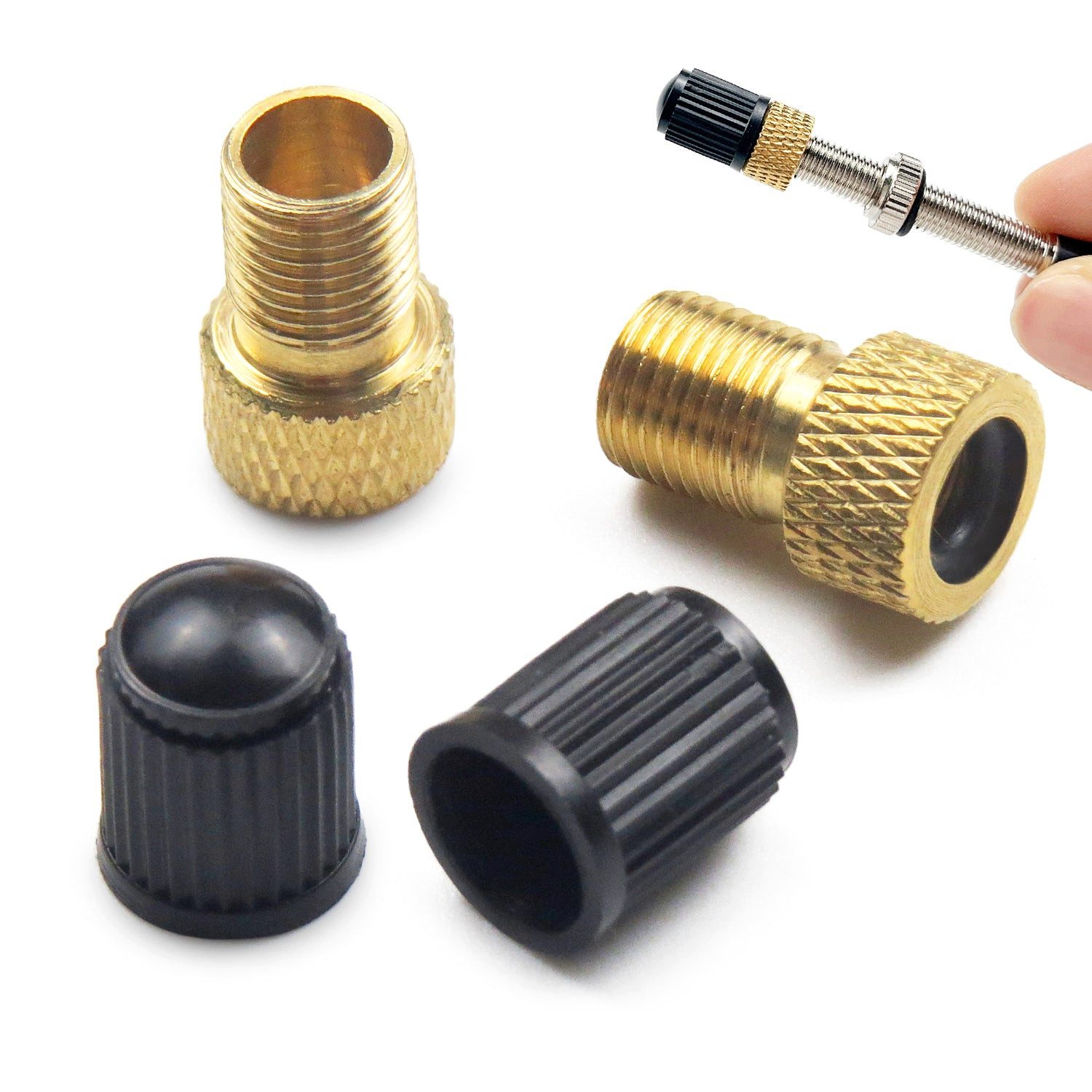 Pitlane Performance Ventilkappe Fahrradventil Adapter Set, (4-St., Fahrradzubehör, Luftpumpe Adapter Set), Adapter Französisches Ventil Dunlop & Presta auf Autoventil (Schrader)