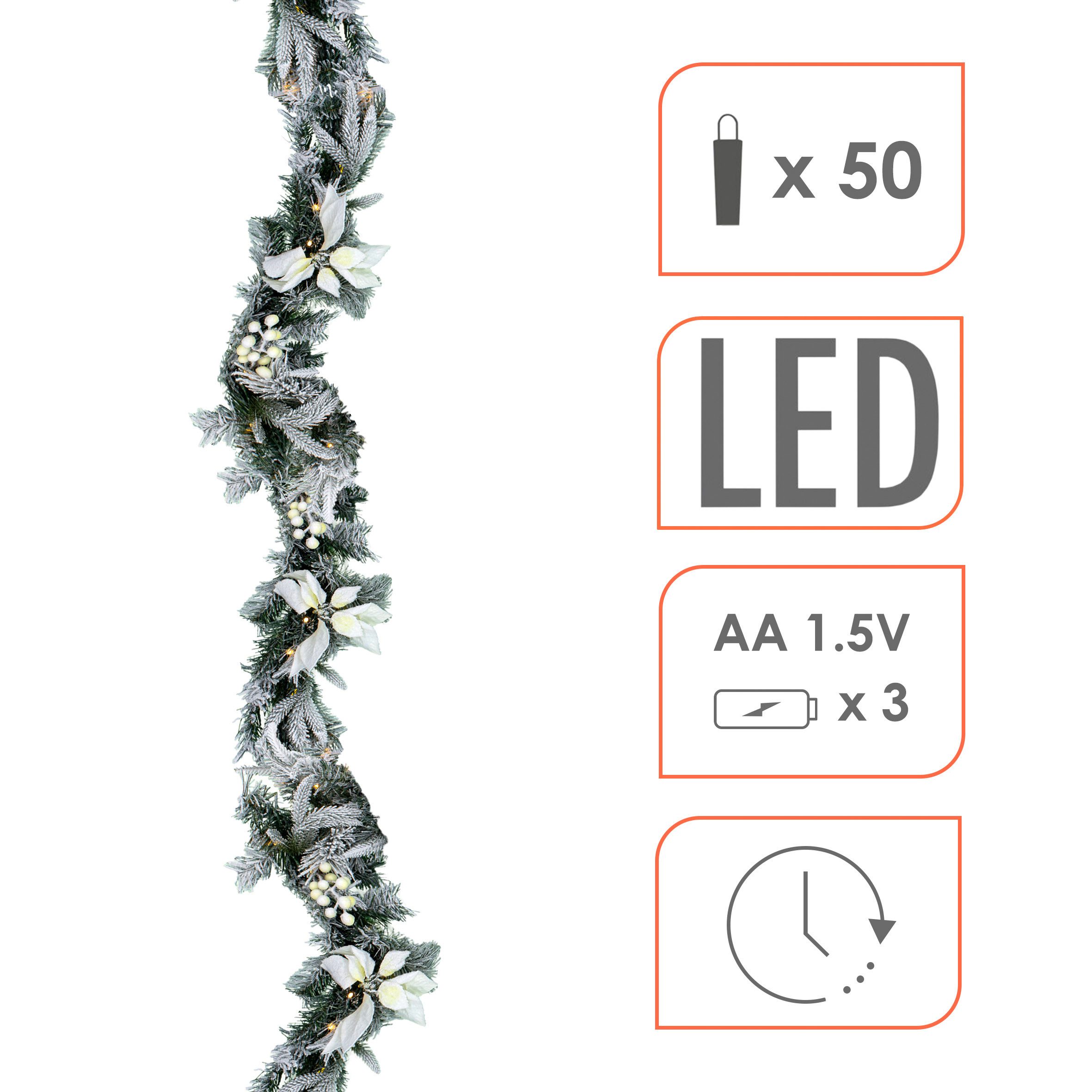 Spetebo Girlanden Weihnachtsgirlande oder -Kranz mit Schnee und weißen Blumen (1-tlg), mit Timer Funktion