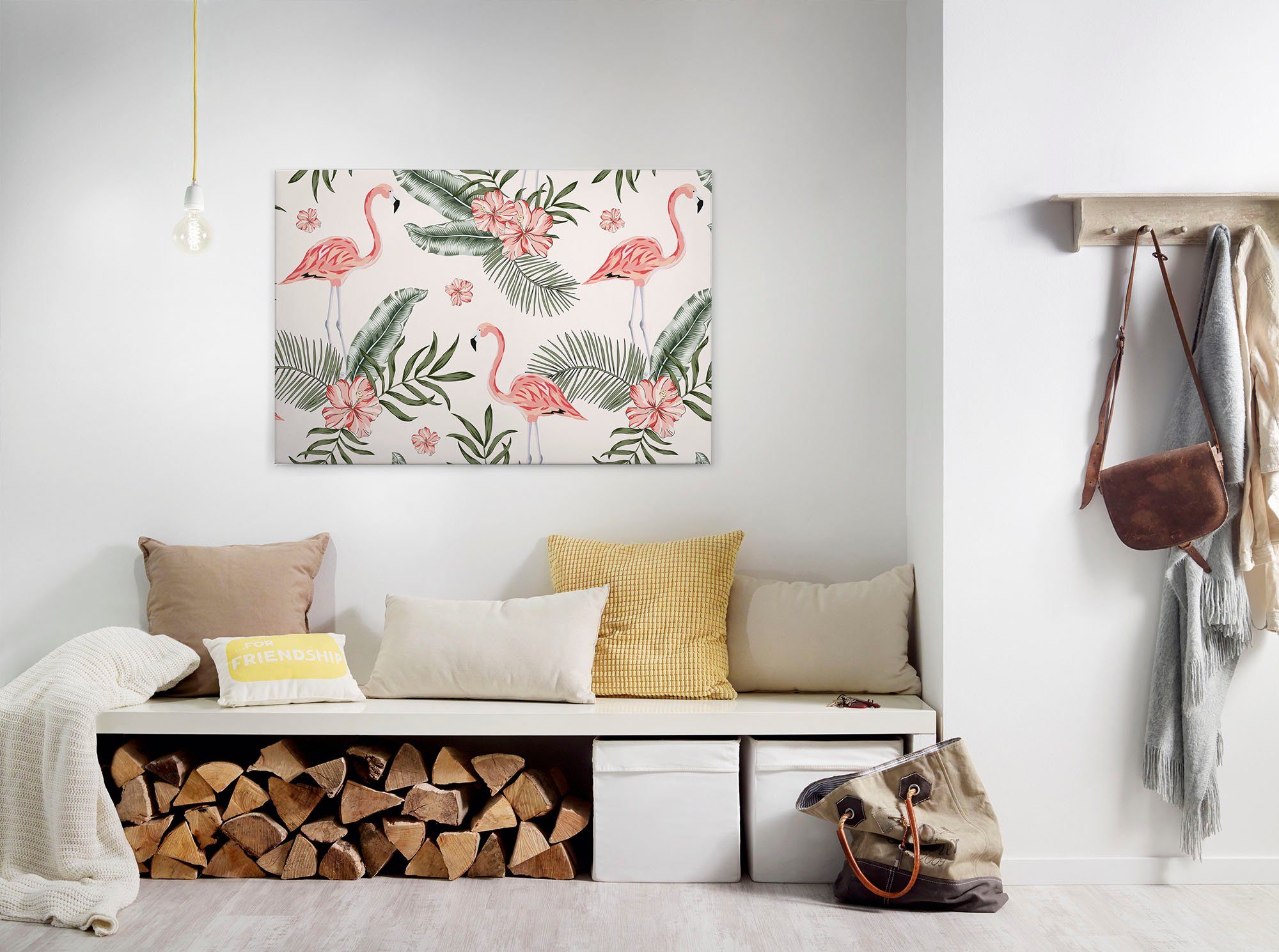 A.S. Création Leinwandbild Tropical Vibes, Blumen, Kinder, Kunst (1 St), Palmenblätter Flamingo Keilrahmen Leinwand-Bild Wohnzimmer modern Wand