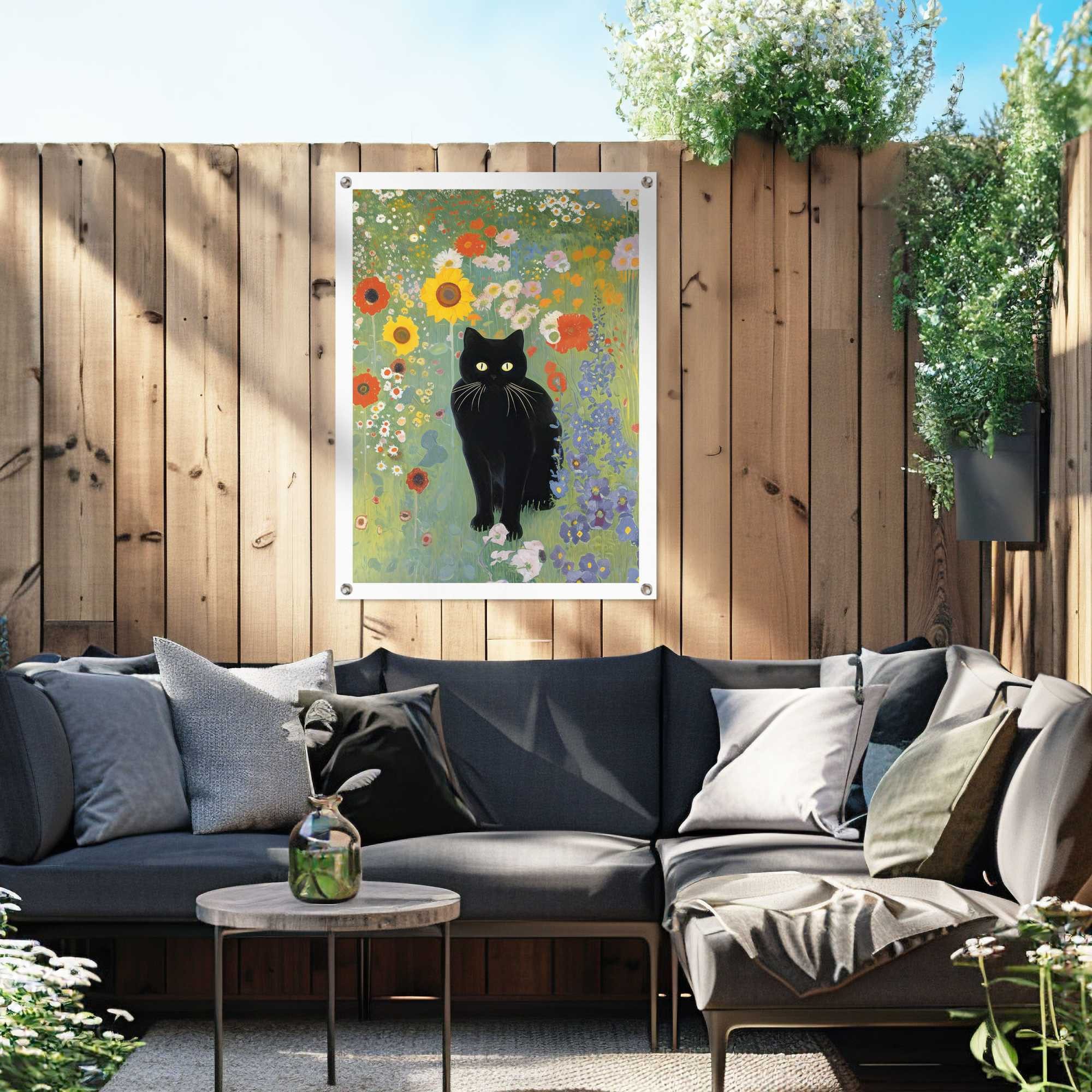 Reinders! Poster Catfield, Garten - Blumen - Schwarze Katze - Mehrfarbig - Leinwand - Kunst