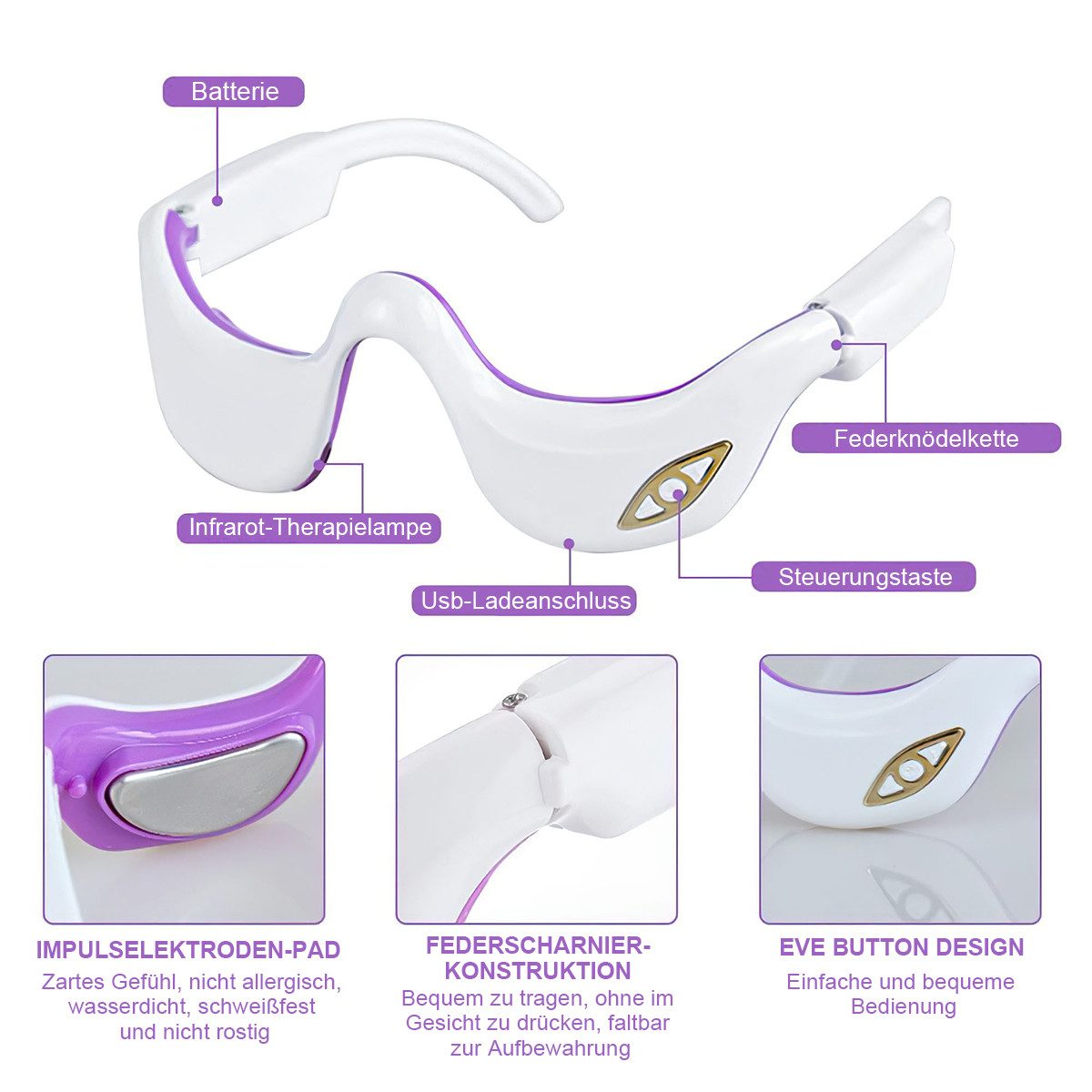 DOPWii Gesichtsmassagegerät Intelligentes Augenmassagegerät, Mikrostrom-Augenschutzgerät, heiße Kompresse, 3 Intensitätsstufen, kompakt und leicht
