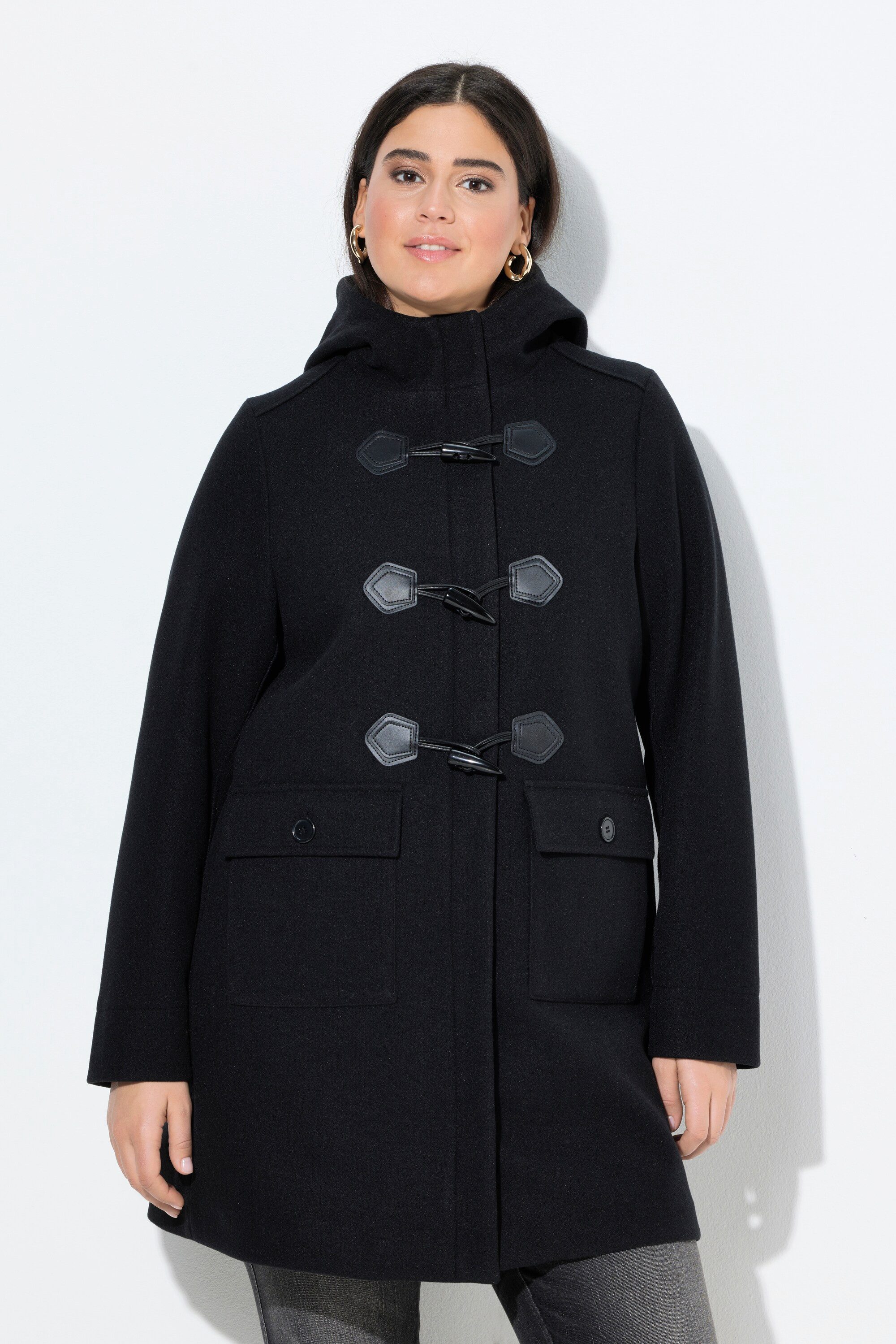 Ulla Popken Wintermantel Dufflecoat A-Linie Wolloptik Knebelknöpfe Kapuze