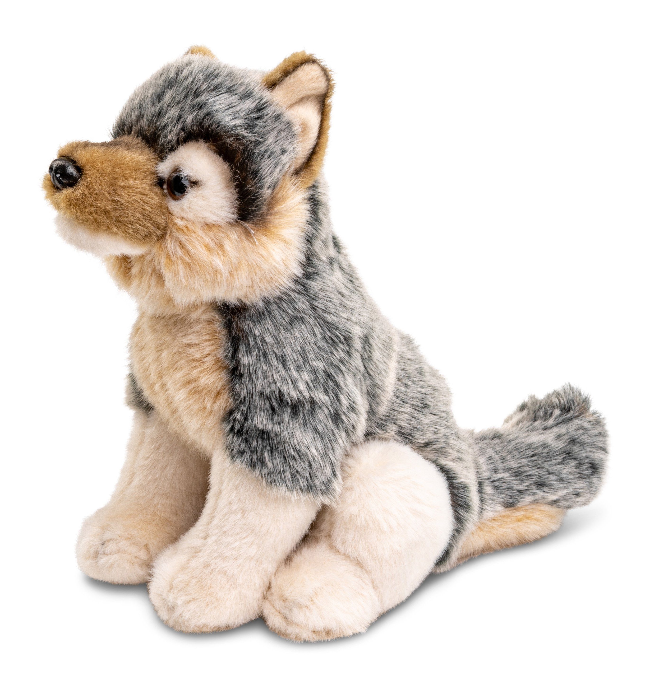 Uni-Toys Kuscheltier Grauwolf Junges, sitzend - 26 cm (Länge) - Plüsch-Wolf - Plüschtier, zu 100 % recyceltes Füllmaterial