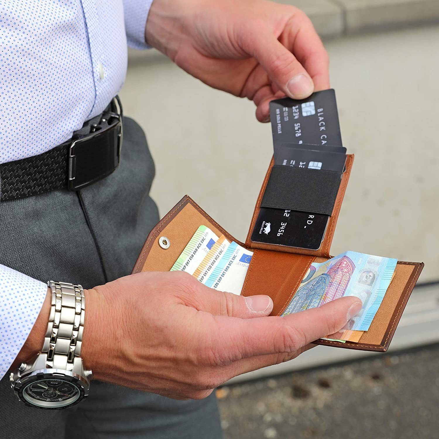 Solo Pelle Geldbörse Slim Wallet mit Münzfach I Geldbeutel mit RFID Schutz I für 12 Karten, RFID Schutz, Echtes Leder, dünne Geldbörse Cognac Braun ohne Münzfach