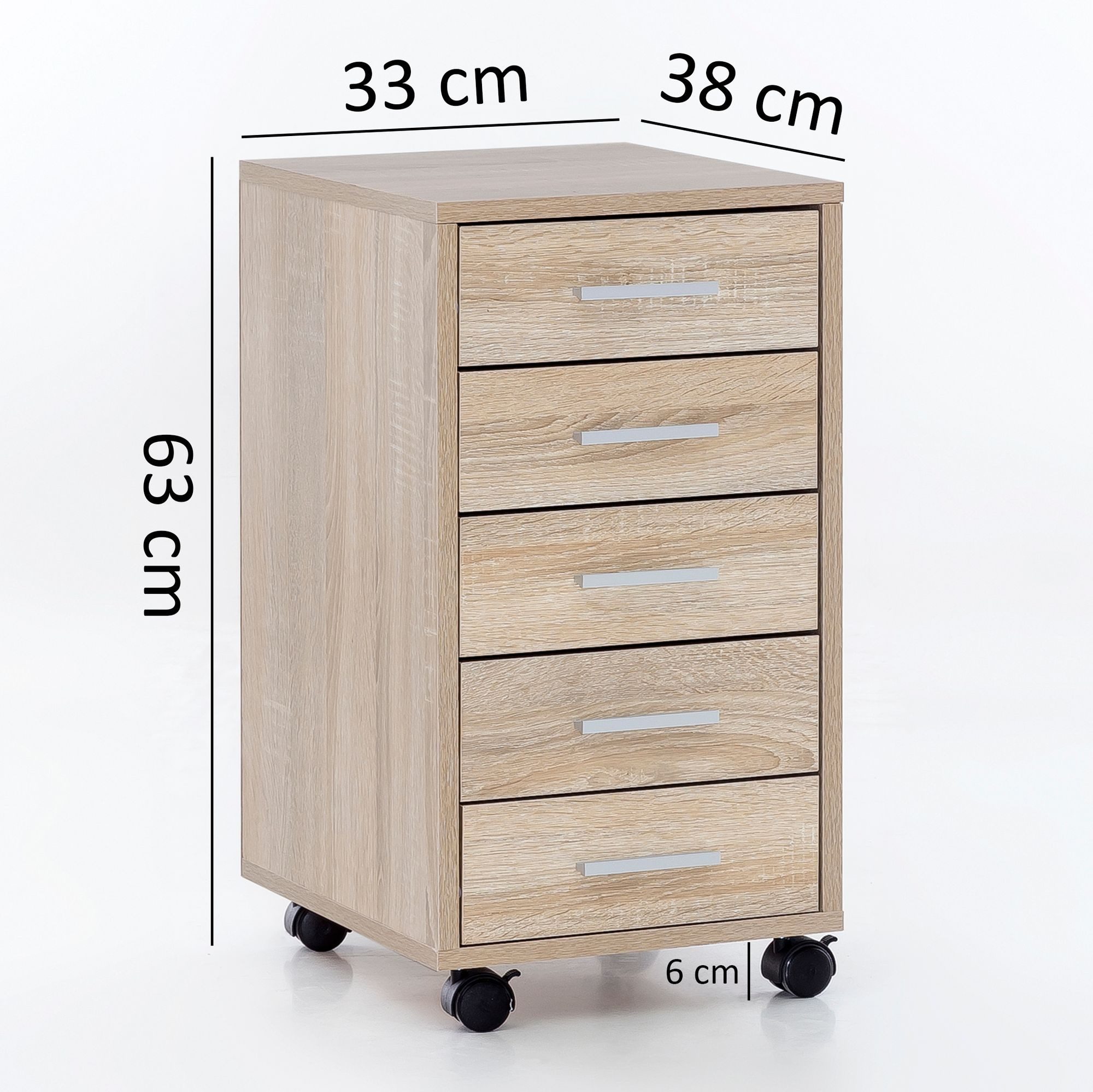 FINEBUY Rollcontainer Holz Rollen Standcontainer 33x63x38cm SuVa11683_1, (Schreibtischcontainer 33 x 63 x 38 cm Sonoma), Bürocontainer mit Rollen, Rollschrank 5 Schubladen