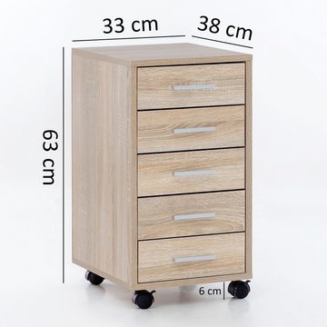 Wohnling Rollcontainer WL5.272, (Schreibtischcontainer 33 x 63 x 38 cm Sonoma), Rollschrank 5 Schubladen, Bürocontainer mit Rollen