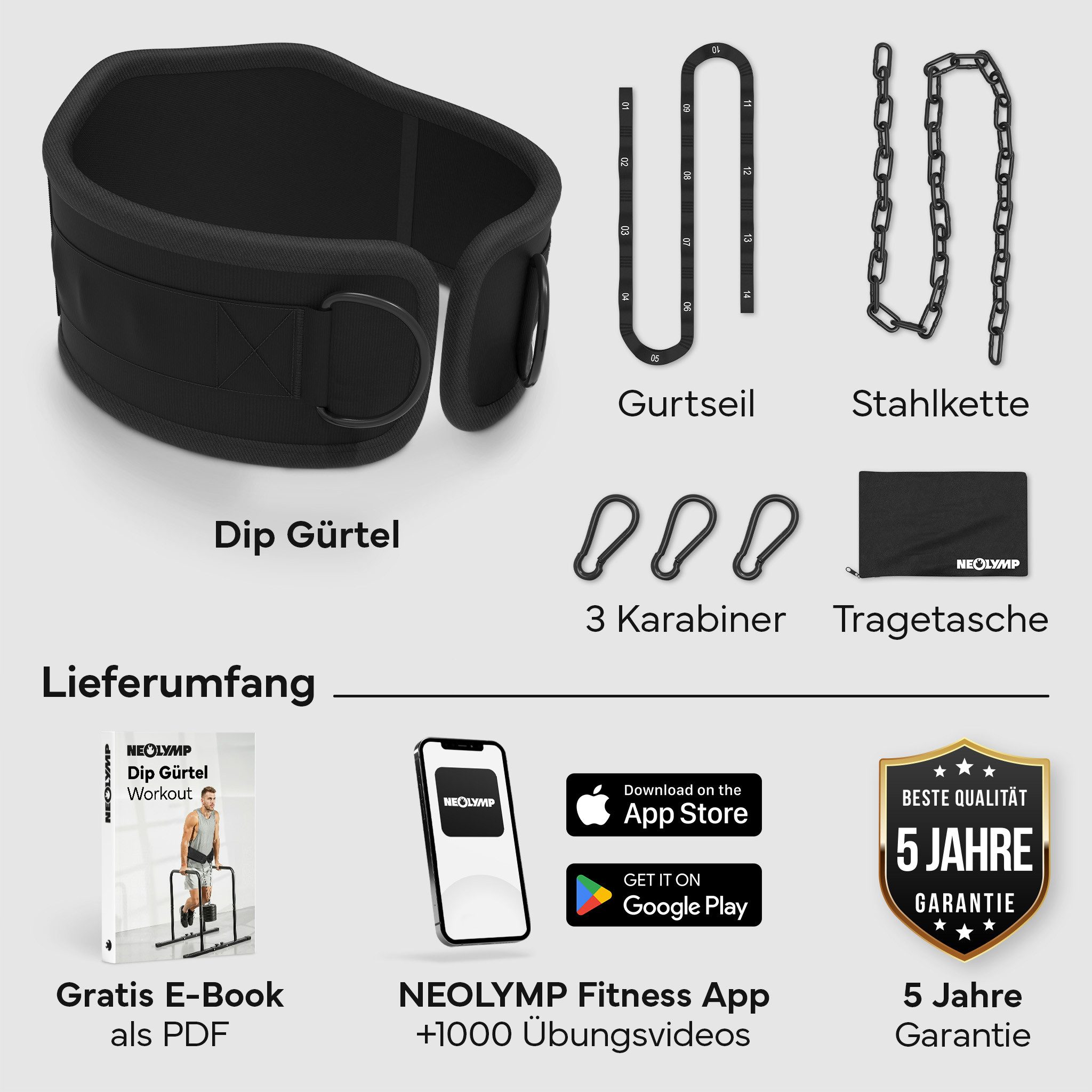 NEOLYMP Dip-Gürtel Dip Gürtel mit Kette, Gurt & 3 Karabinern für Krafttraining Karabiner-System, Kette und Schlaufengurt, ergonomische Rückenform