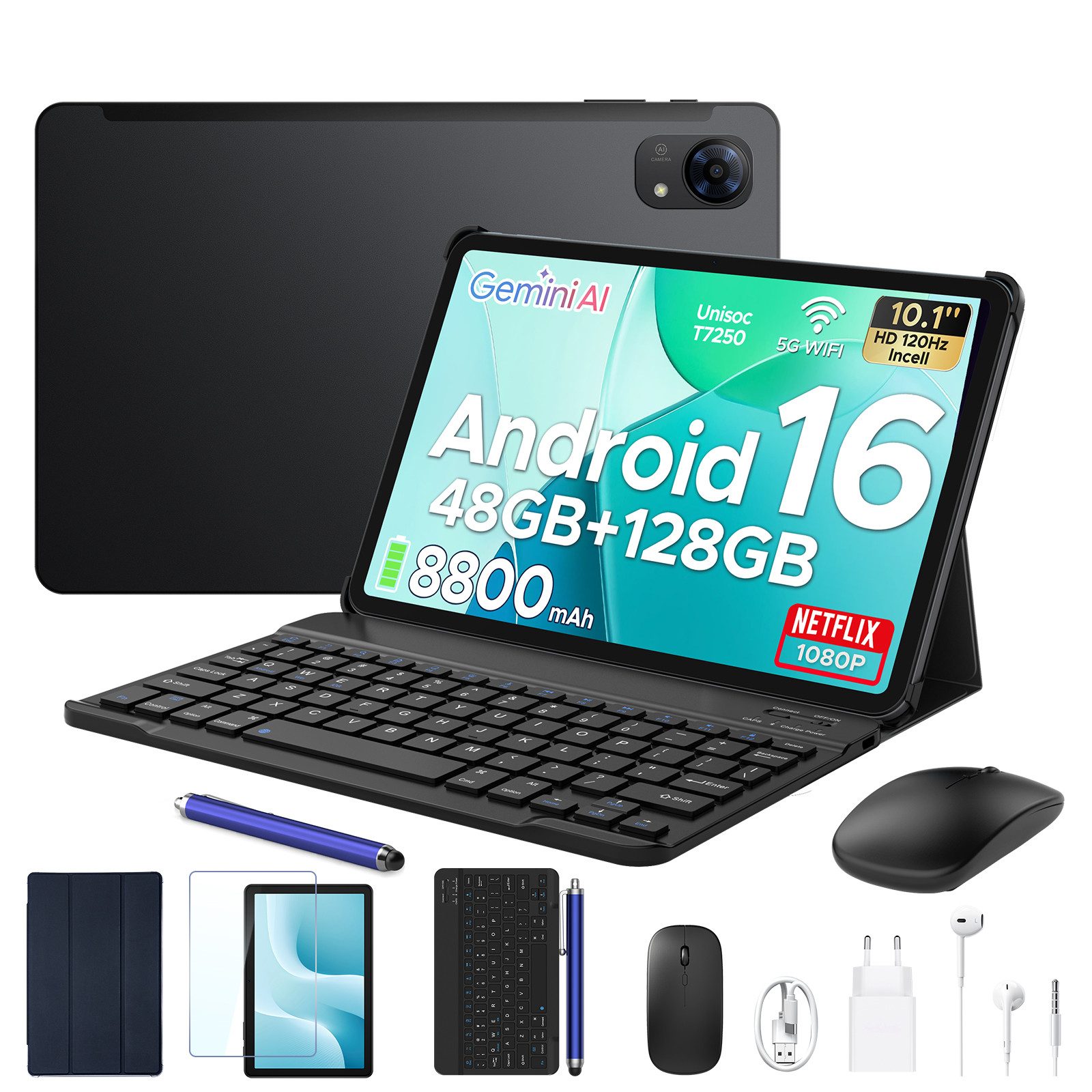 POCKAM P10 10 Zoll Android 16 Tablet mit Tastatur, 128GB ROM, 8800mAh, 120Hz Tablet (10", 128 GB, Android 16, WIFI, 8 GB, Android 16, 13 MP, Gemini AI, 5G WiFi/Widevine L1/GPS/Face ID)