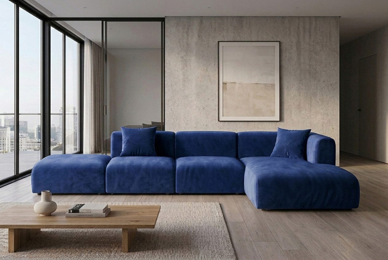 Kaiser Möbel Ecksofa für das Wohnzimmer aus Velvet-Stoff Bluvel GRETA L + Hocker, Hocker inklusive,Modulares Design,2 Dekokissen inklusive