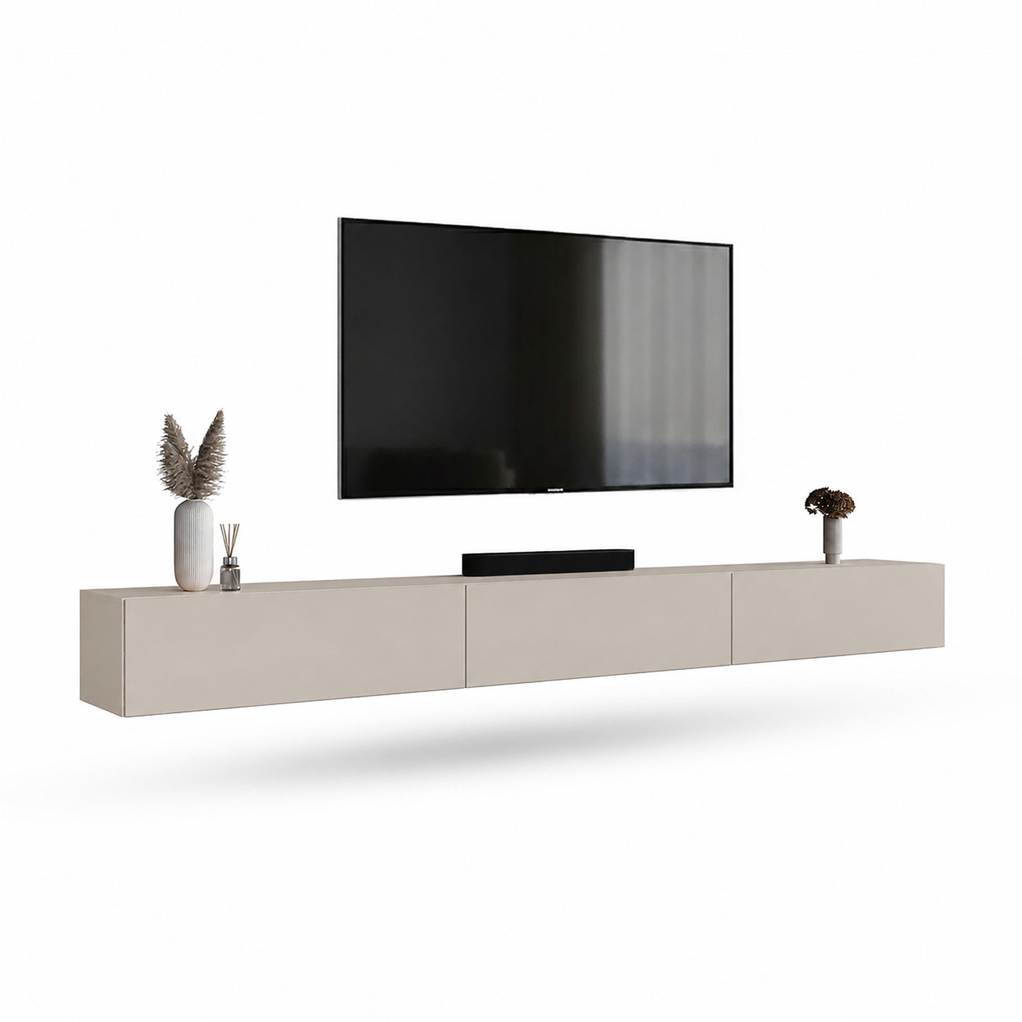 Planetmöbel TV-Schrank West TV-Board, Fernsehtisch 300 cm lang, TV-Lowboard (für Fernseher bis 85 Zoll, TV Schrank viel Stauraum, sideboard hängend, Fernsehschrank 3x 100 x 30 x 37,5 cm) kaschmir
