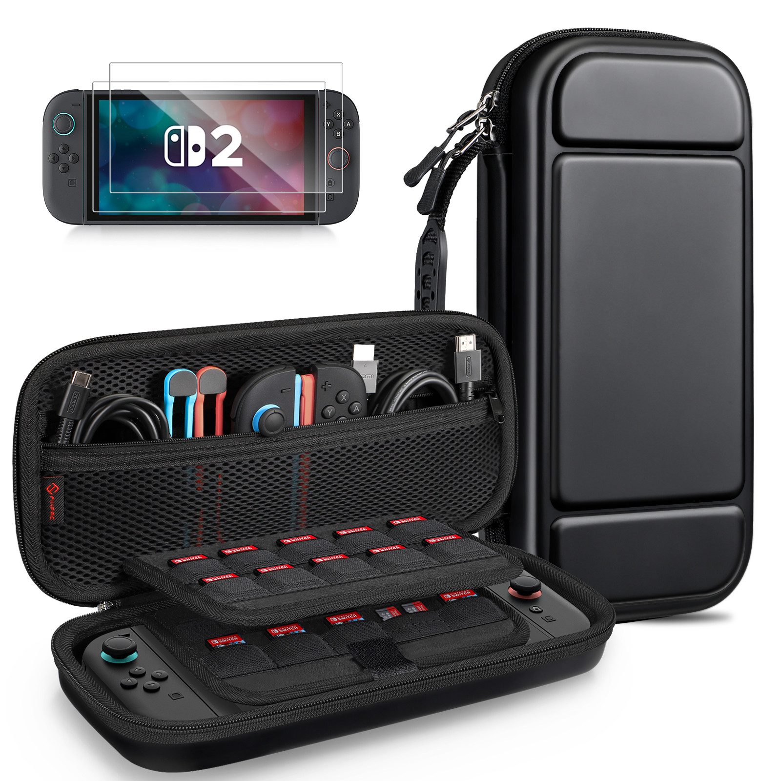 Fintie Nintendo-Schutzhülle Tasche mit 2 Panzerglas für Nintendo Switch 2(2025), 2-in-1 Zubehörset, mit 2 Stücke Schutzfolie, 1 Tragetasche mit großem Fassungsvermögen