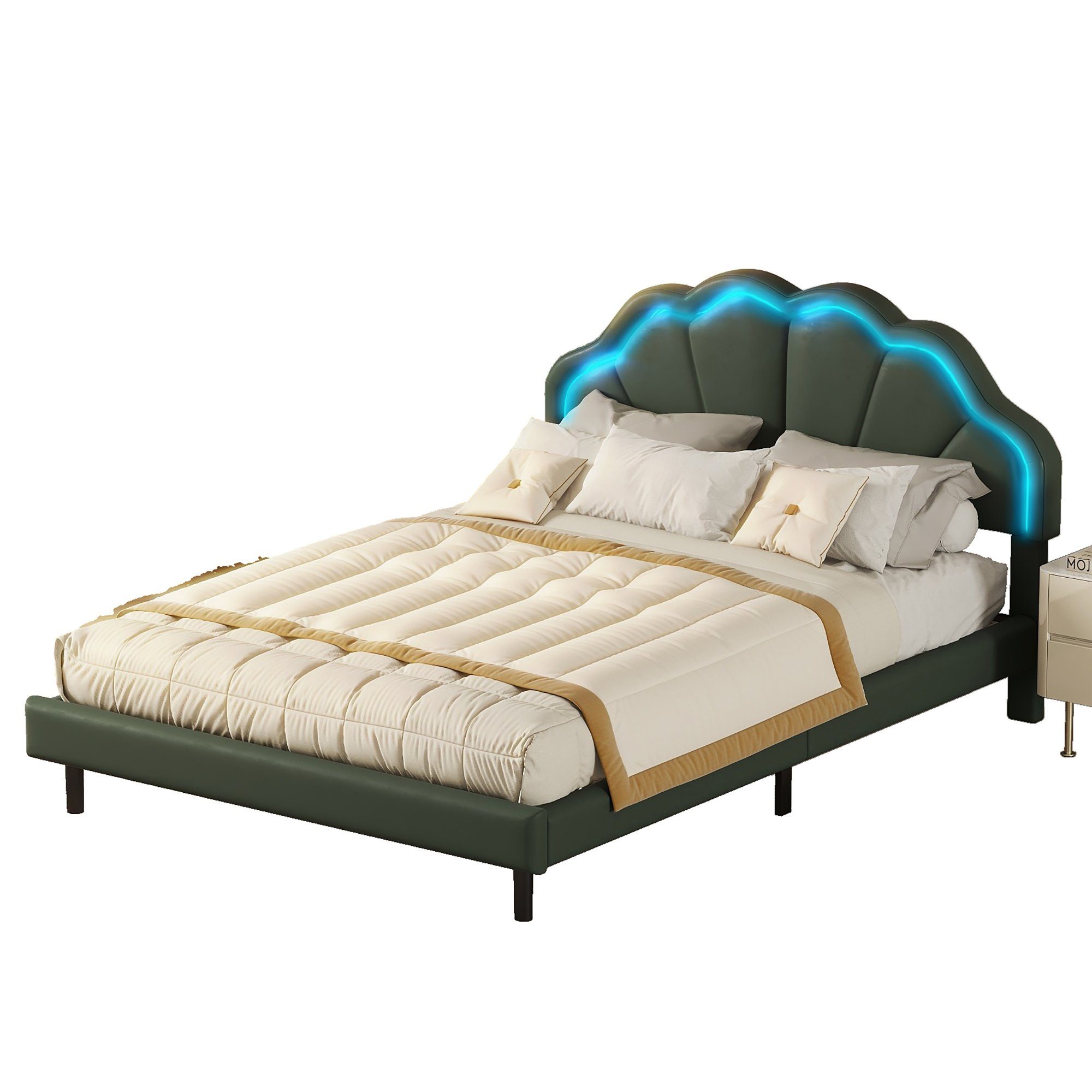 grün mit Doppelbett Rahmen, flächiges und LED-Leuchten Bett Kopfteildesign (Gepolsterter Schwebebett Funktionsbett Matratze Polsterbett 140*200cm), Doppelbett-Gästebett, OKWISH ohne