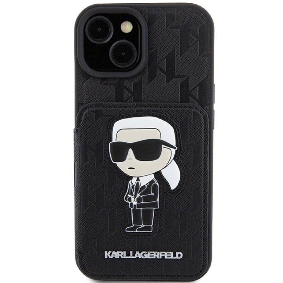 KARL LAGERFELD Handyhülle Case iPhone 15 aufstellbar Figur Kunstleder schwarz Logo 6,1 Zoll, Kantenschutz