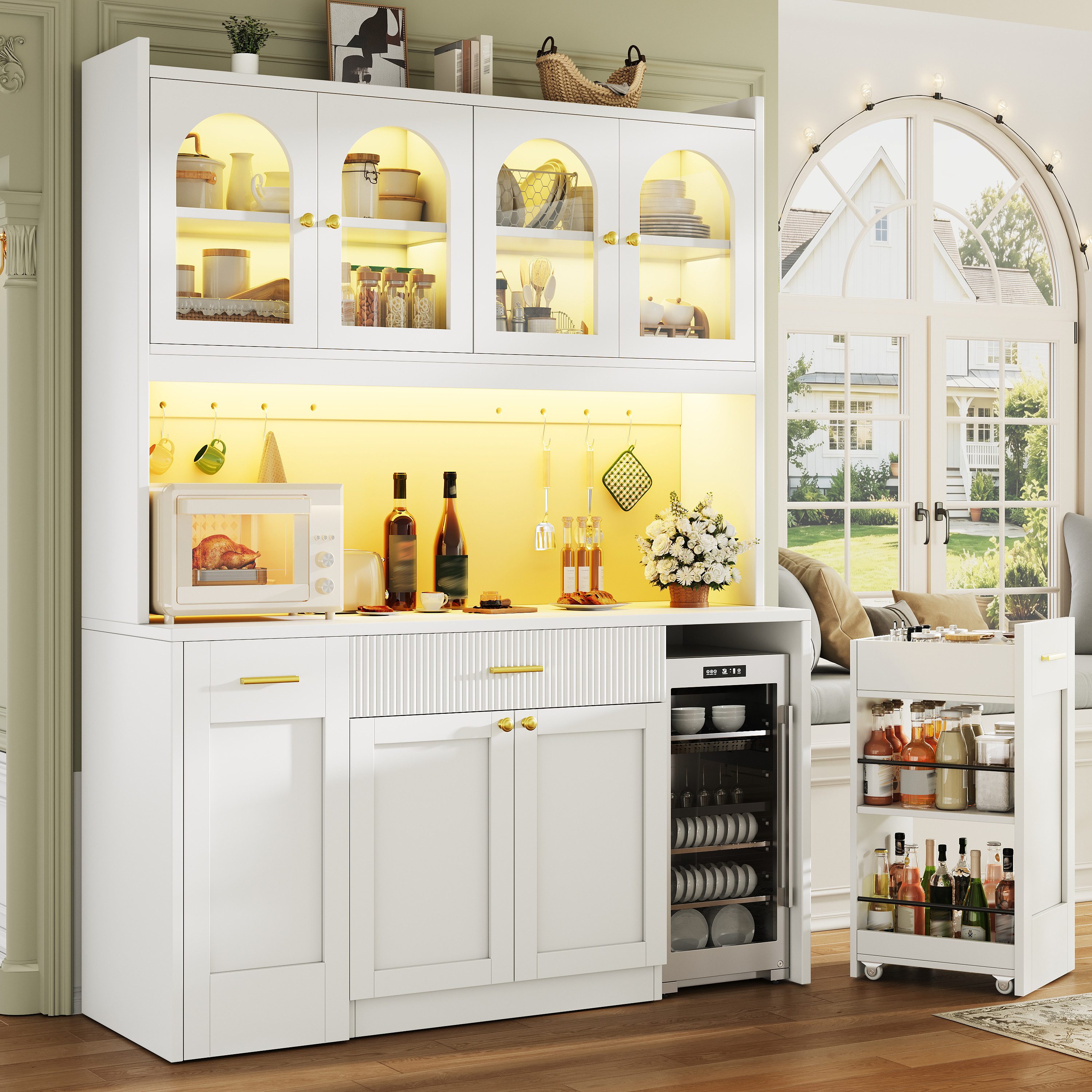 Flieks Küchenbuffet Hochschrankmit LED-Beleuchtung, 4 Glastüren, beidseitigen Roll-Ablagen (B120/T40/H187 cm, 1-St) Küchenschrank Glasvitrinen mit verstellbarer Ablagen Weiß Modernstil