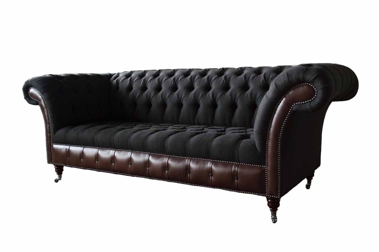 JVmoebel Sofa Chesterfield 3 Sitzer Sofa Couch Leder Polster Sitz Stoff Schwarz Neu, Made In Europe