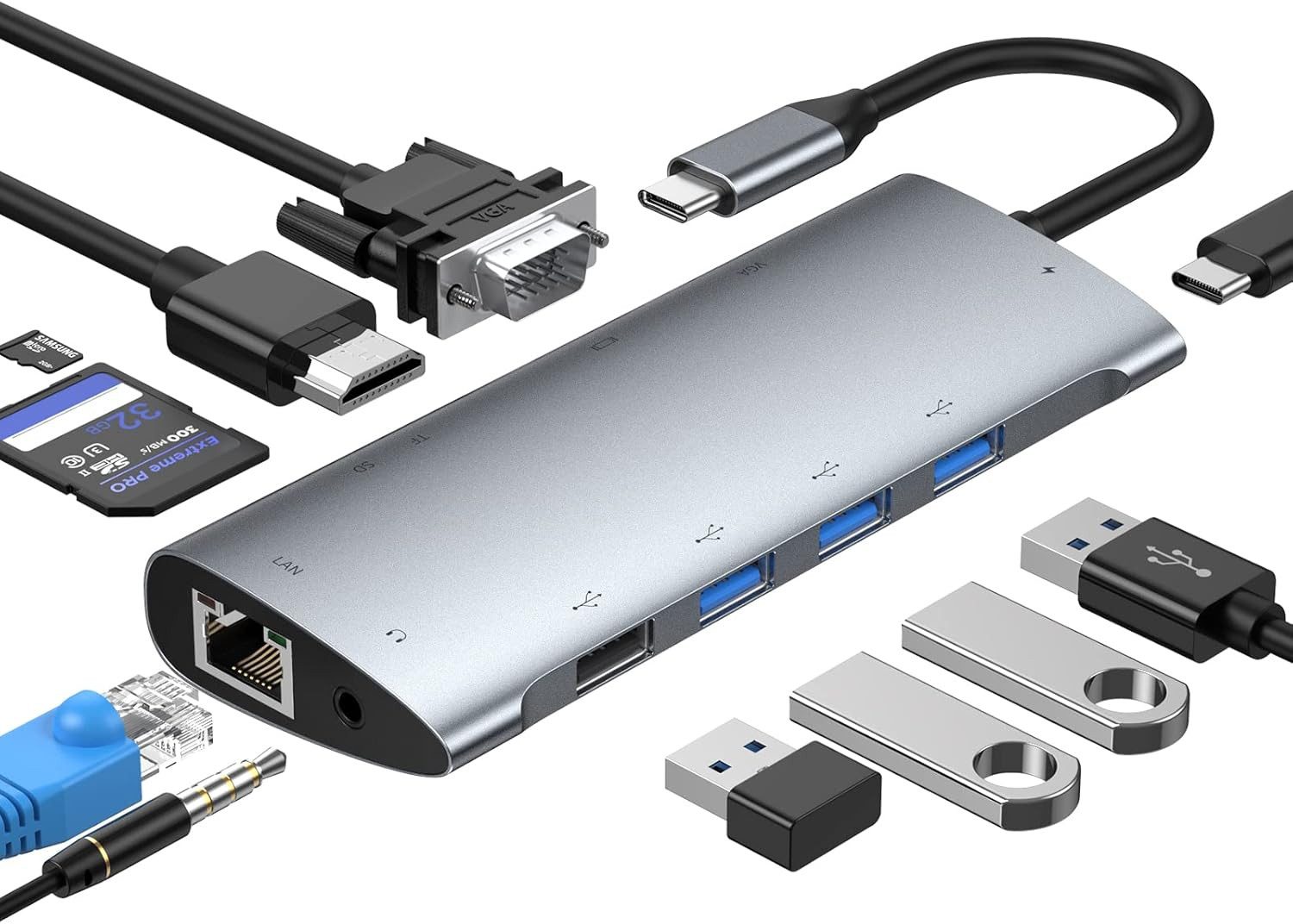 11-in-1-USB-C-Hub mit 4K-HDMI, VGA, 100-W-Stromversorgung, 3x USB 3.0 USB-Adapter