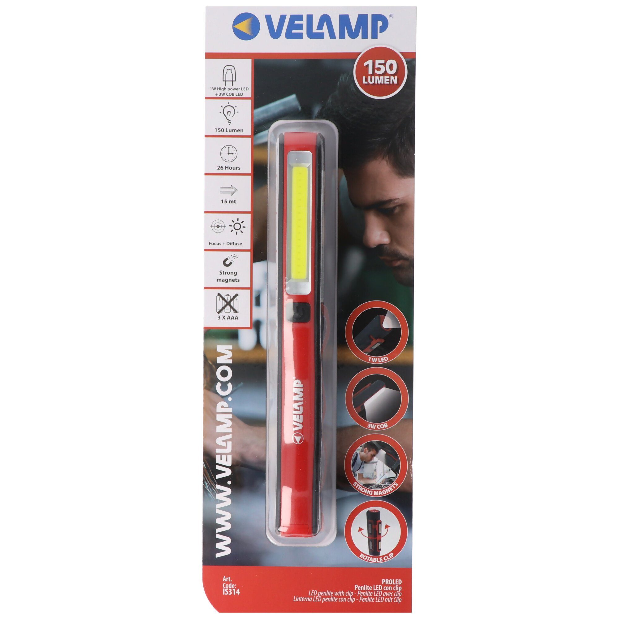 Velamp Arbeitsleuchte LED-Taschenlampe 1 Watt, COB 3 Watt, batteriebetriebene 2in1 Arbeitsl