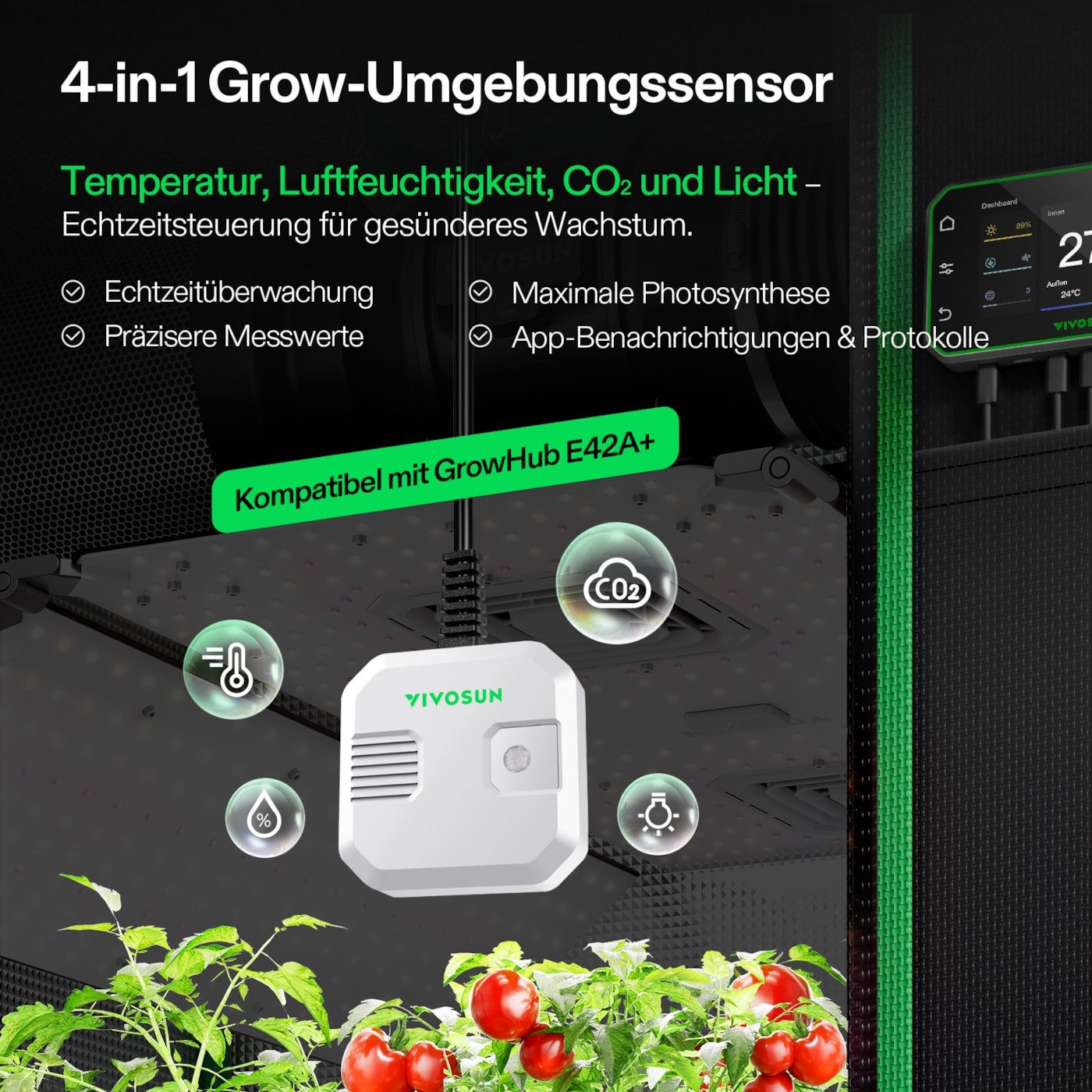 VIVOSUN Raumluft-Qualitätssensor Vivosun 4-in-1 Sensor, Temperatur, Luftfeuchtigkeit, CO2, Licht, VPD Sensor