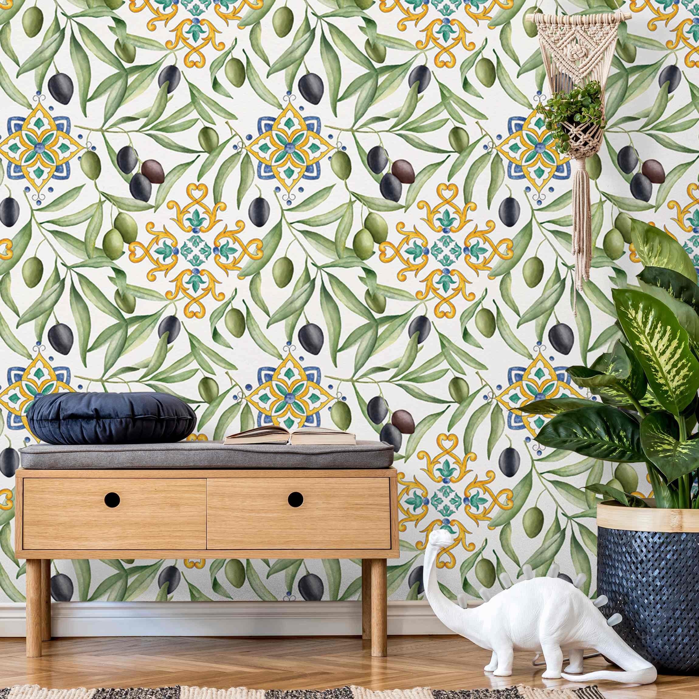 Bilderdepot24 Küchentapete Aquarell Oliven Muster Ornamenten, Glatt, Matt, (Vliestapete inkl. Kleister oder selbstklebend), Küche Esszimmer Bildtapete Fototapete Vliestapete Wandtapete