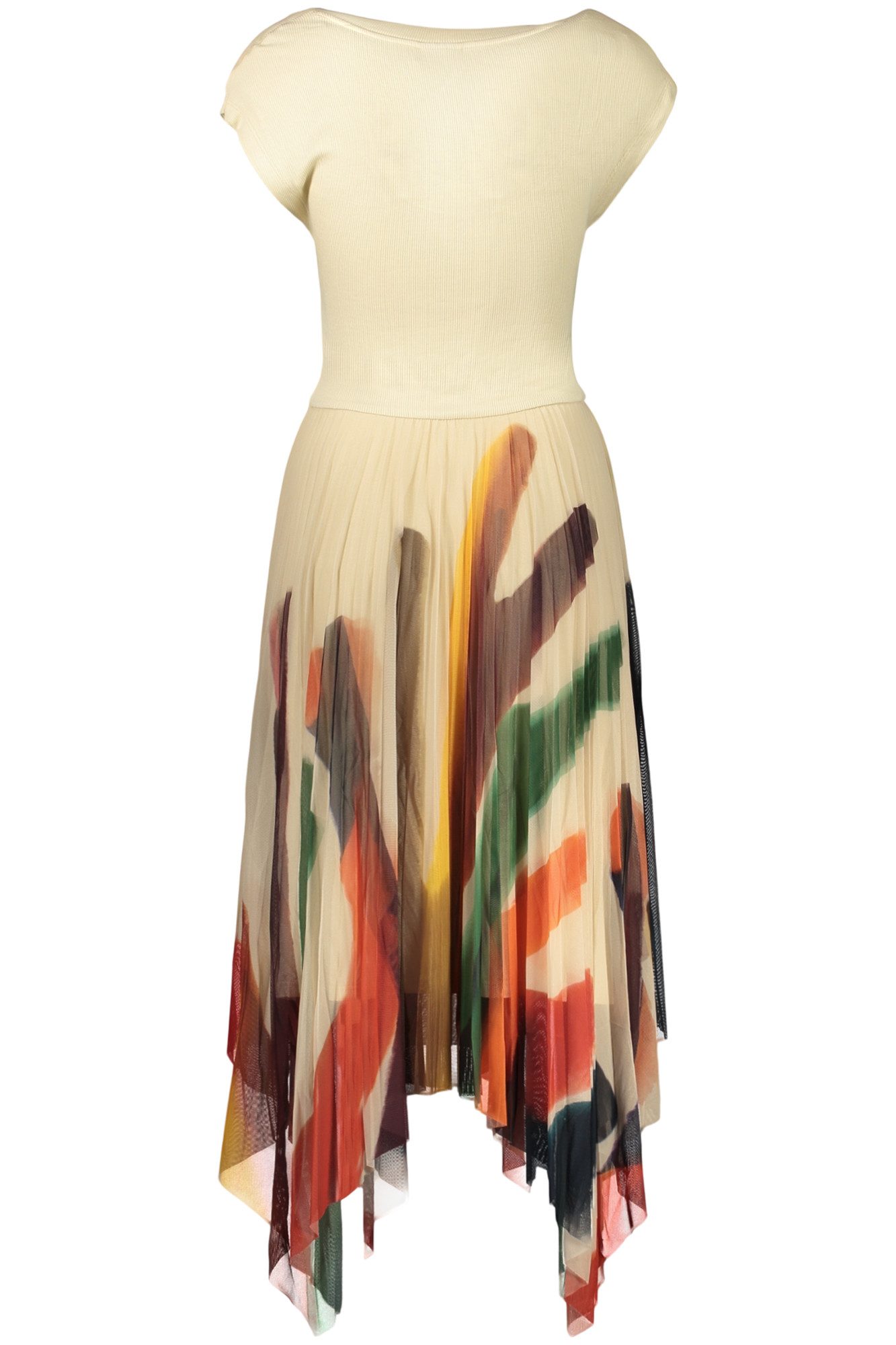Desigual Partykleid Elegantes Langes Kleid Beige mit Muster und weitem Ausschnitt für Dam