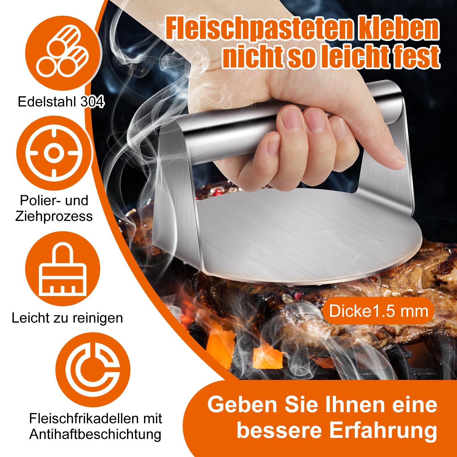 SURFOU Burgerpresse 5,4 Zoll Round Burger Smasher Set mit Grillspachtel – Plancha zubehör (2 St), Edelstahl 304, Einteiliges Design, rostfrei & korrosionsbeständig, spülmaschinenfest