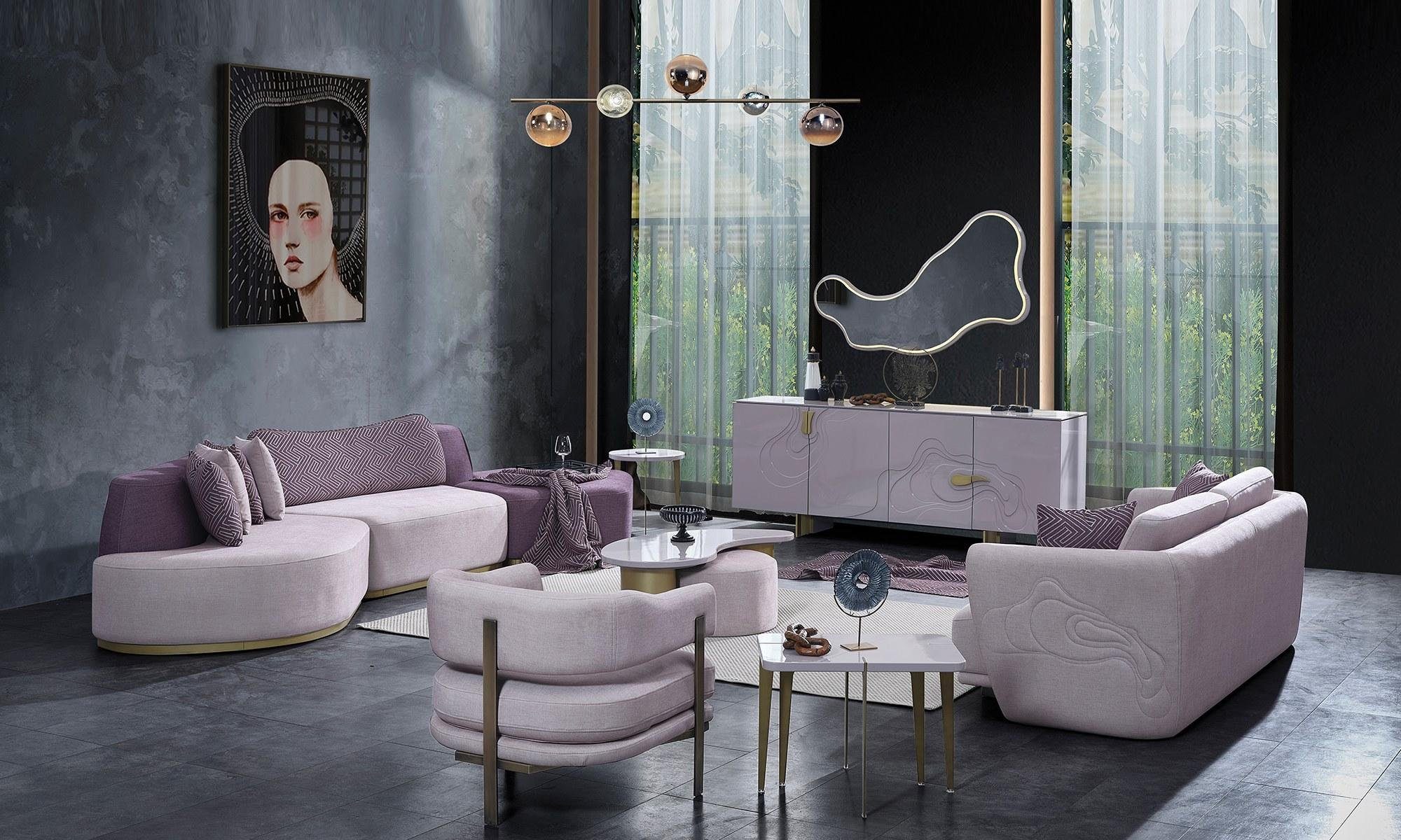 JVmoebel Wohnzimmer-Set Wohnzimmer Set Große Wohnlandschaft Rosa Modern Set 7tlg, (7-St., Nur 7+3+1 Sitzer + Couchtisch + Hocker + Kommode + Spiegel), Made in Europa