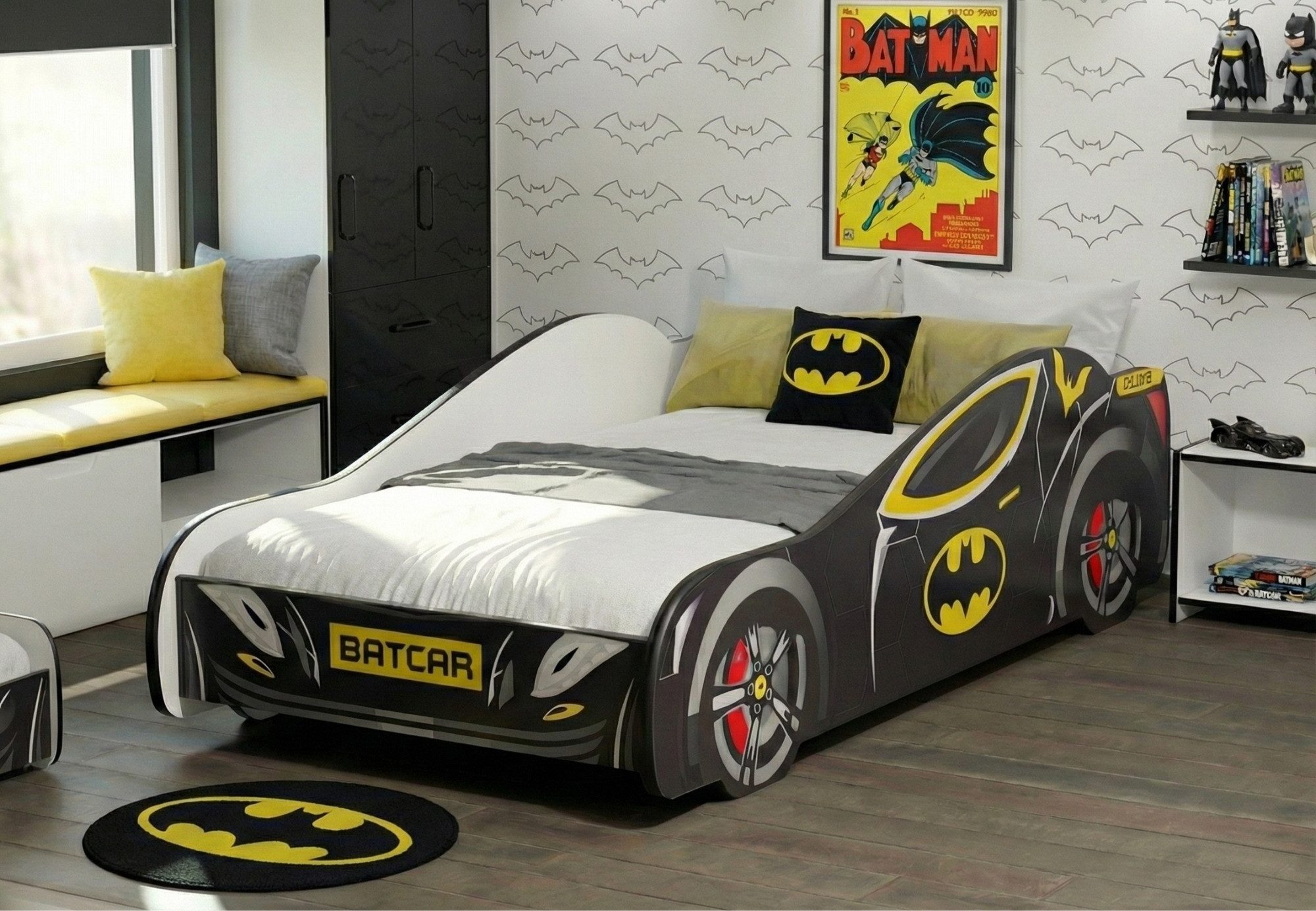 Kids Collective Autobett 70x140 und 80x160 cm Kinderbett Jugendbett mit Rausfallschutz (Spielbett Batman Batmobil Bat Car Auto), Kinderbett 70x140 cm mit Lattenrost - für Kinder ab 2 Jahren