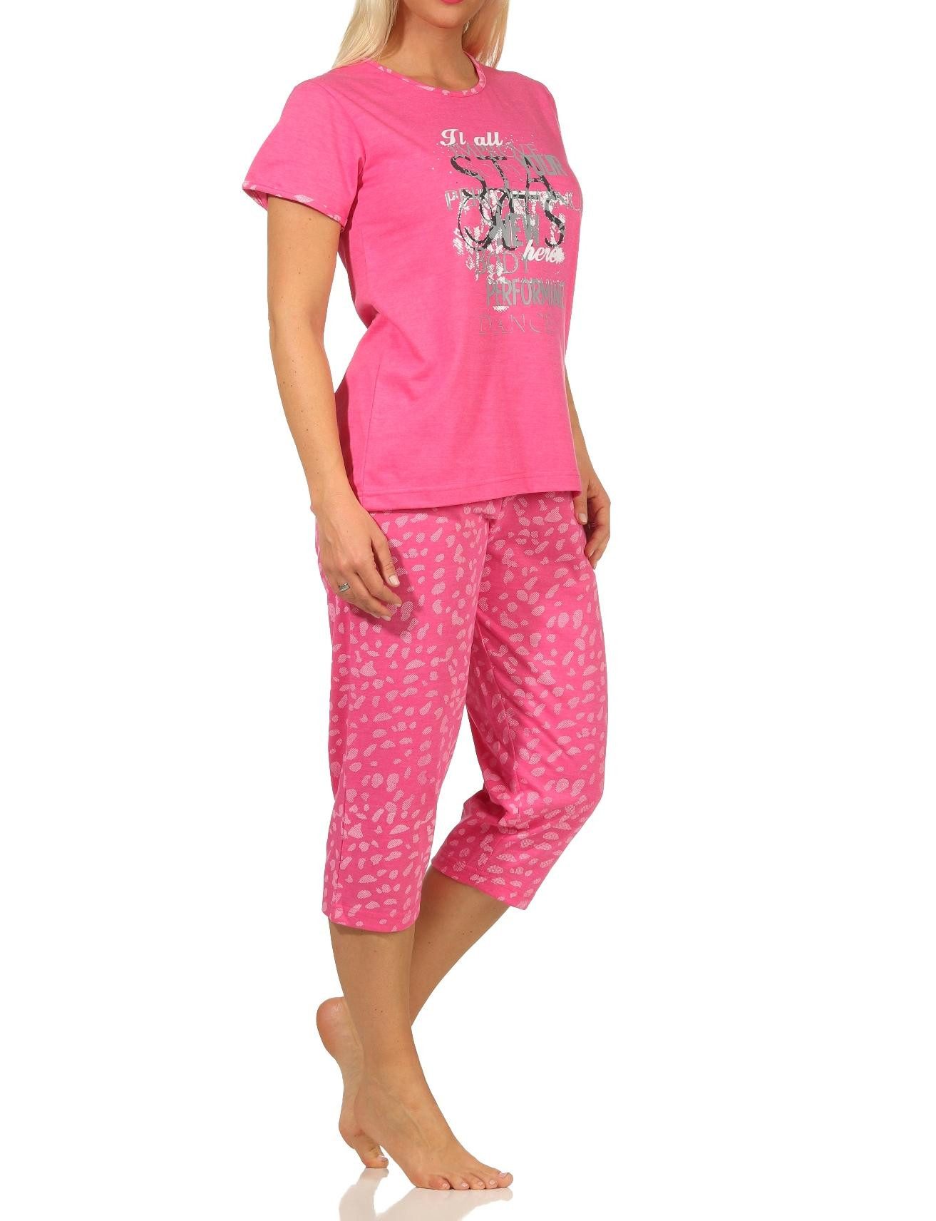 RELAX by Normann Pyjama Damen kurzarm Capri Schlafanzug mit tollem Frontprint und Caprihose