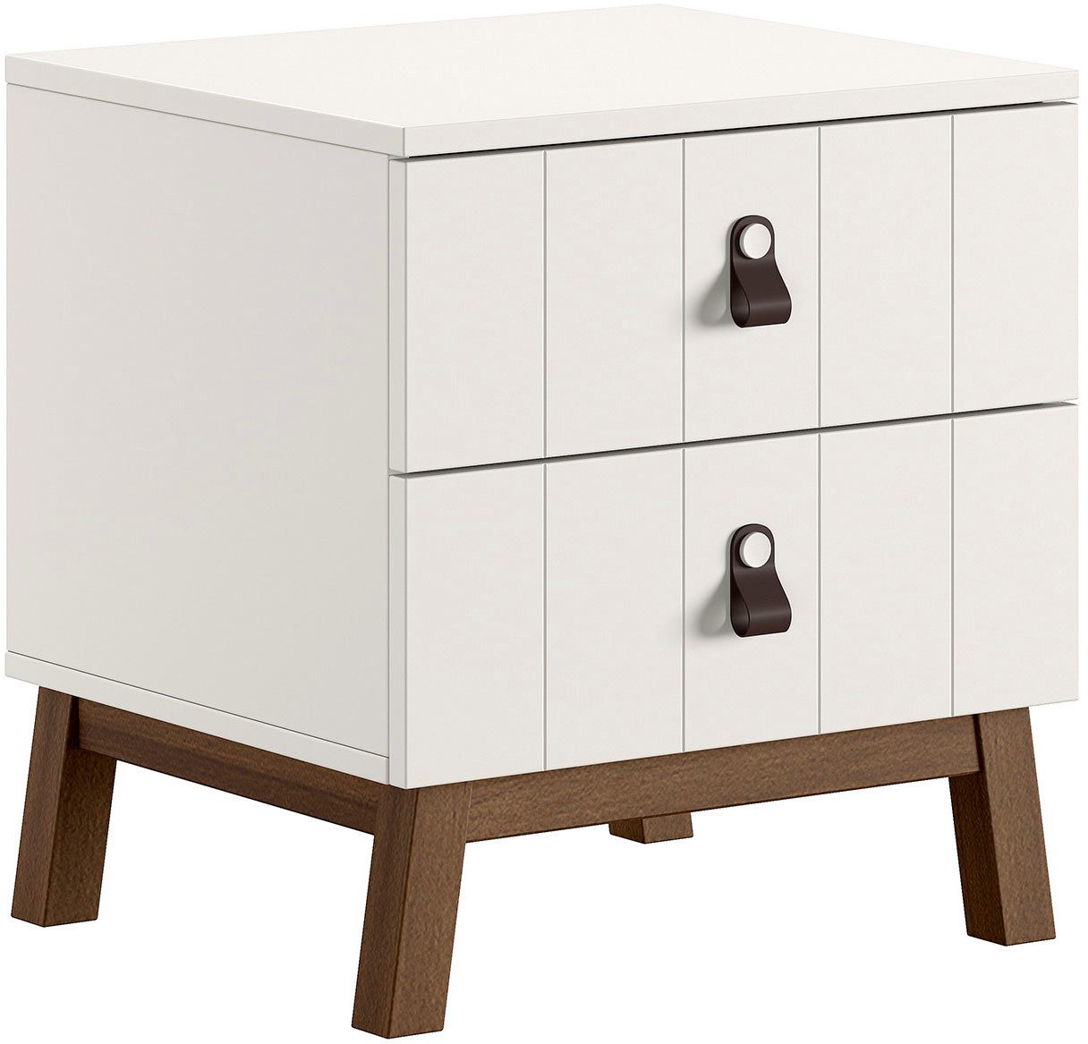 Vipack Nachtkonsole Sezane mit Front in Rillen-Optik und Griffschlaufen (2 geräumige Schubladen mit Soft-Close, bieten viel Stauraum), MDF Clay farben lackiert, braune Griffschlaufe, Sockel nussbaumfarbig