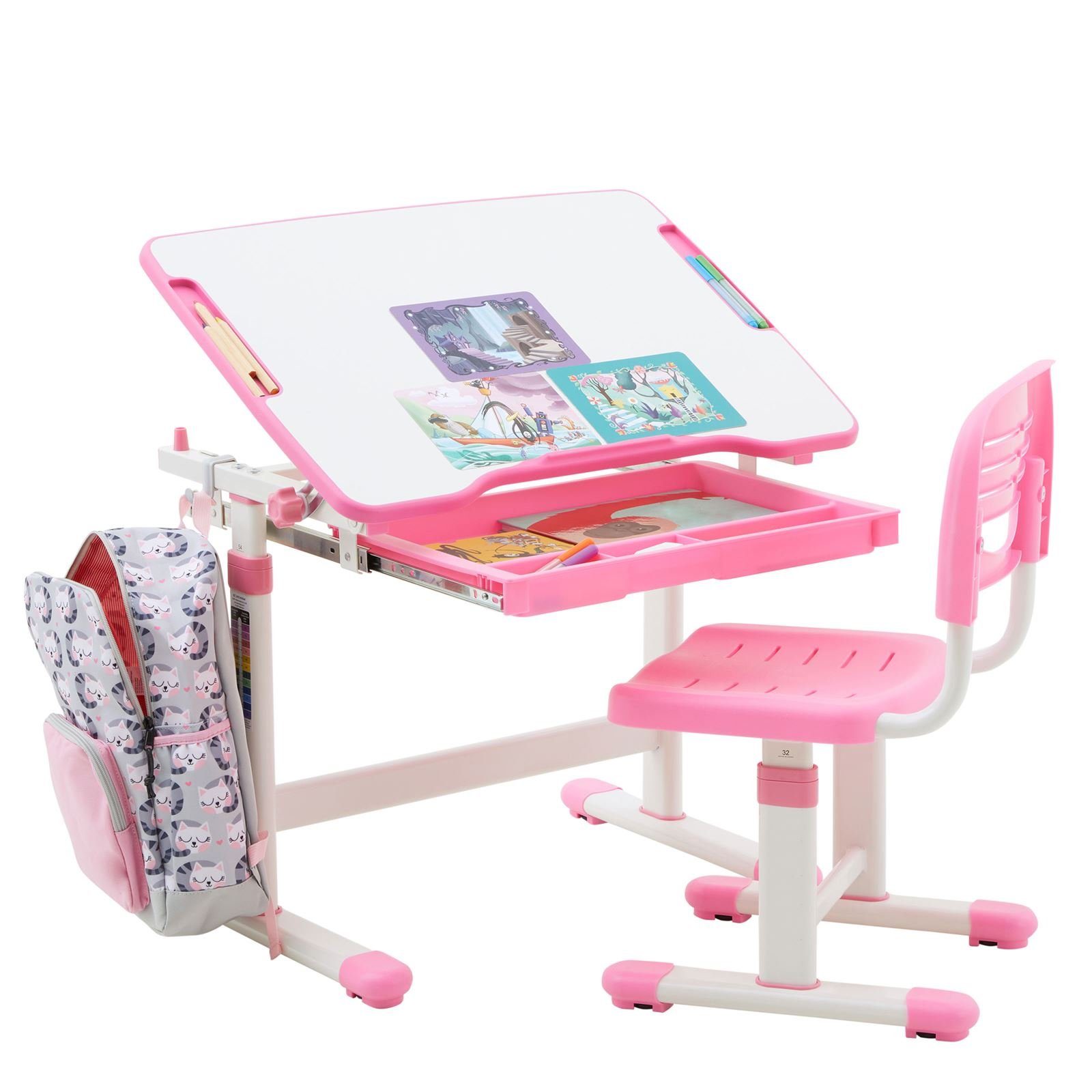 CARO-Möbel Schreibtisch TUTTO, Kinderschreibtisch mit Stuhl in weiß/rosa höhenverstellbar und neigbar