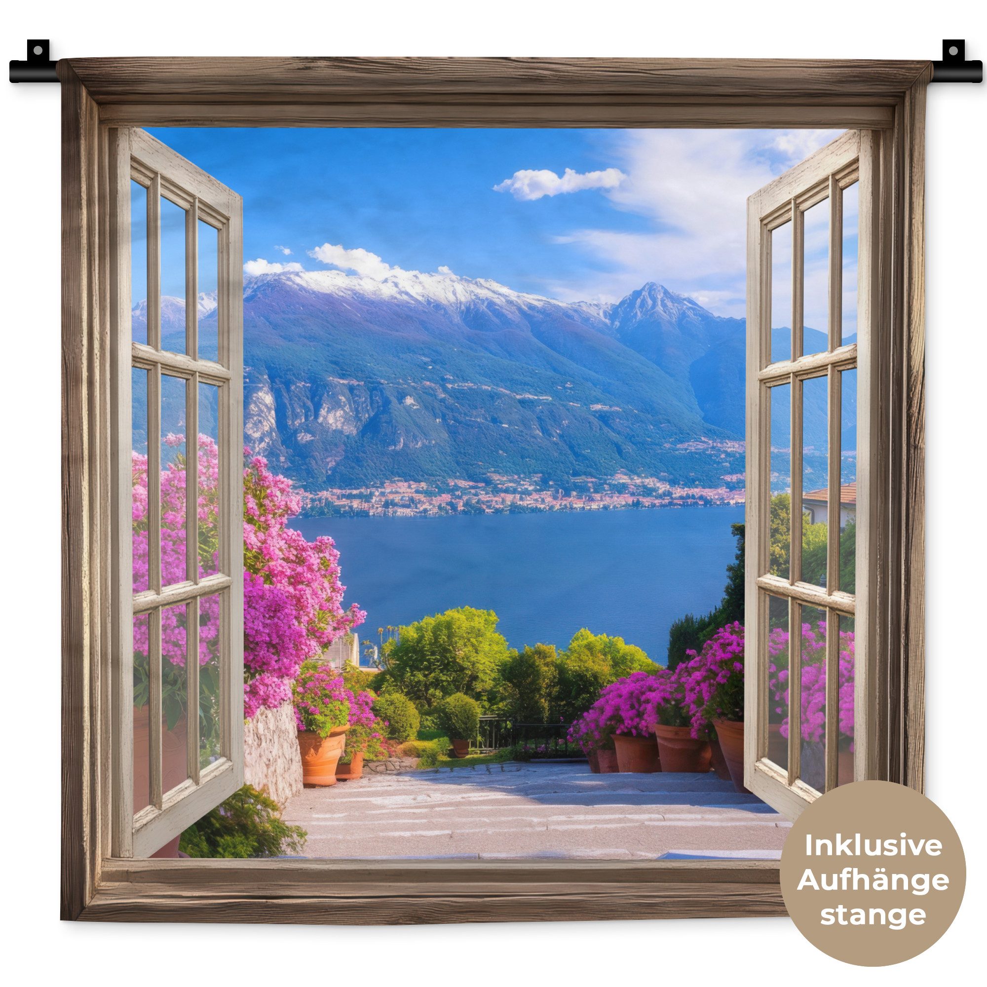 MuchoWow Wandteppich Durchblick - Berg - Landschaft - Ausblicke - See, Quadratisch, Höhe: 3 mm, Wand Teppich, Deko für an den Wand, 60x60 cm