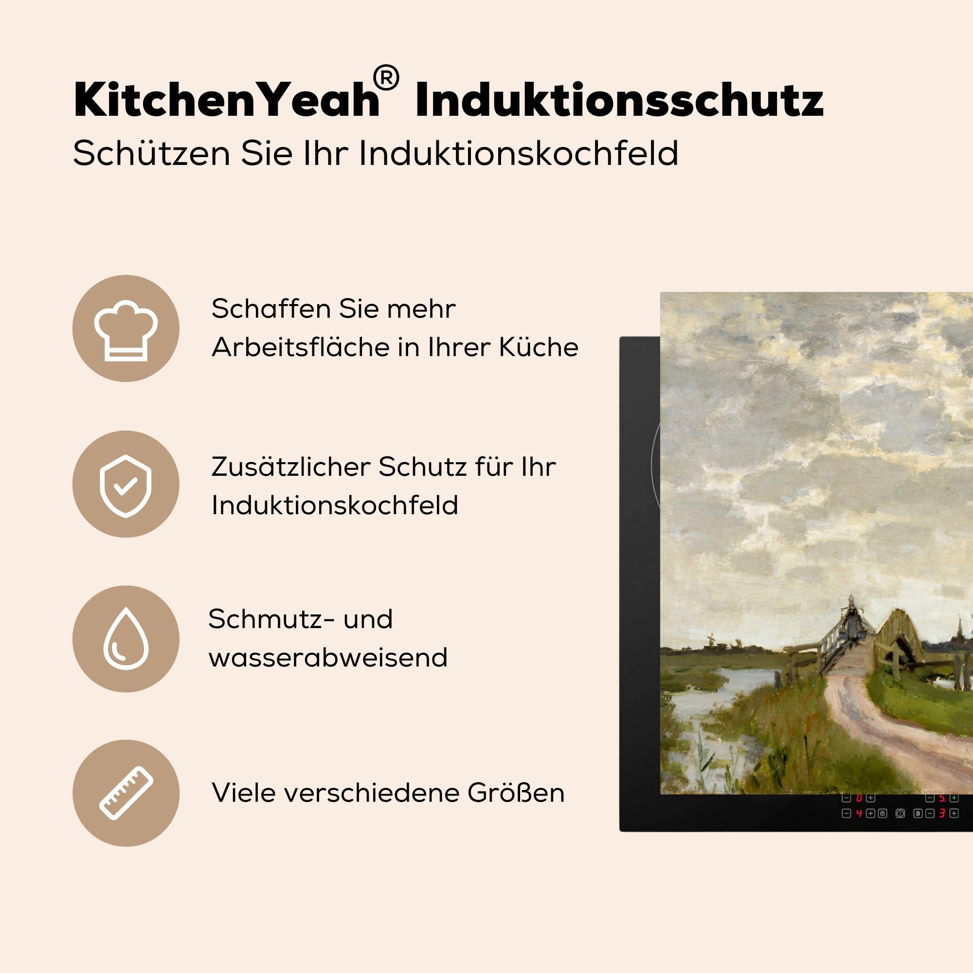 in cm, MuchoWow von 83x51 küche Vinyl, für Windmühlen (1 Claude Haaldersbroek, Monet, Arbeitsplatte Zaandam tlg), Ceranfeldabdeckung, Herdblende-/Abdeckplatte - Gemälde