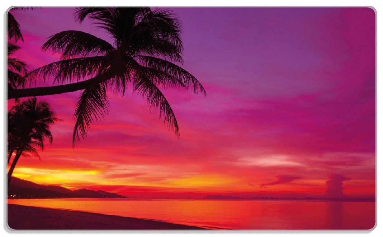 Wallario Frühstücksbrett Abendrot unter Palmen - pinker Himmel am Strand, ESG-Sicherheitsglas, (inkl. rutschfester Gummifüße 4mm, 1-St), 14x23cm | Frühstücksbrettchen
