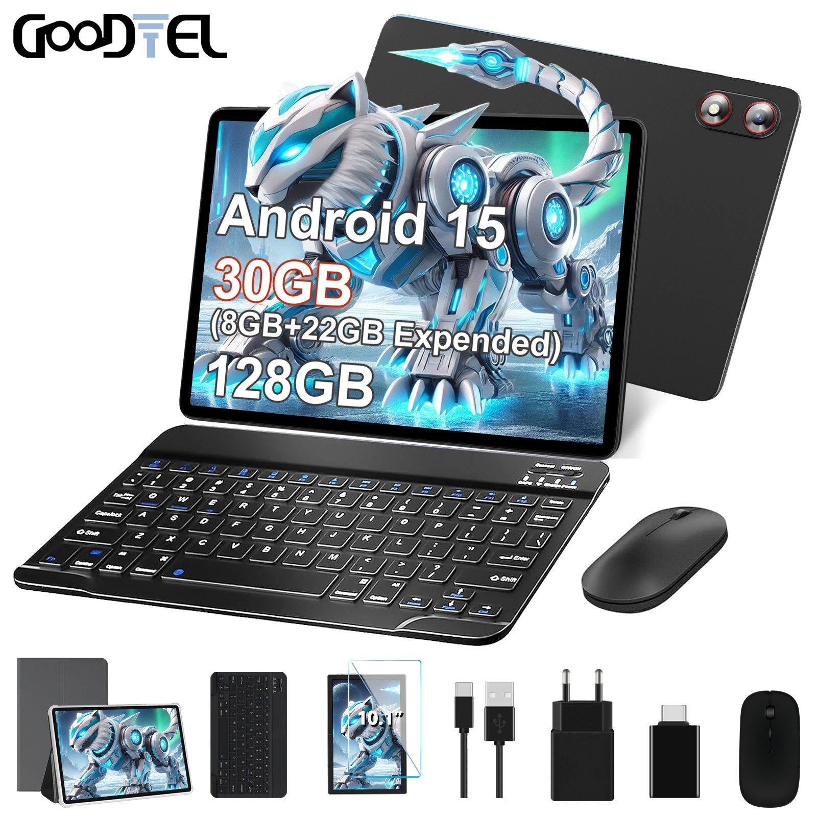 GOODTEL Tablet Android 15, WiFi, 30GB RAM 128GB Speicher/erweiterbar auf 1TB Tablet (10,1", 128 GB, Android 15, 8000 mAh, Widevine L1, Gemini AI, mit Zubehör Tastatur, Maus)