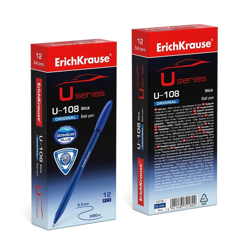 1.0 Erich Tinte Kugelschreiber Pack Blau Krause Blue Stick 12er Kugelschreiber, U-108 Kunststoff